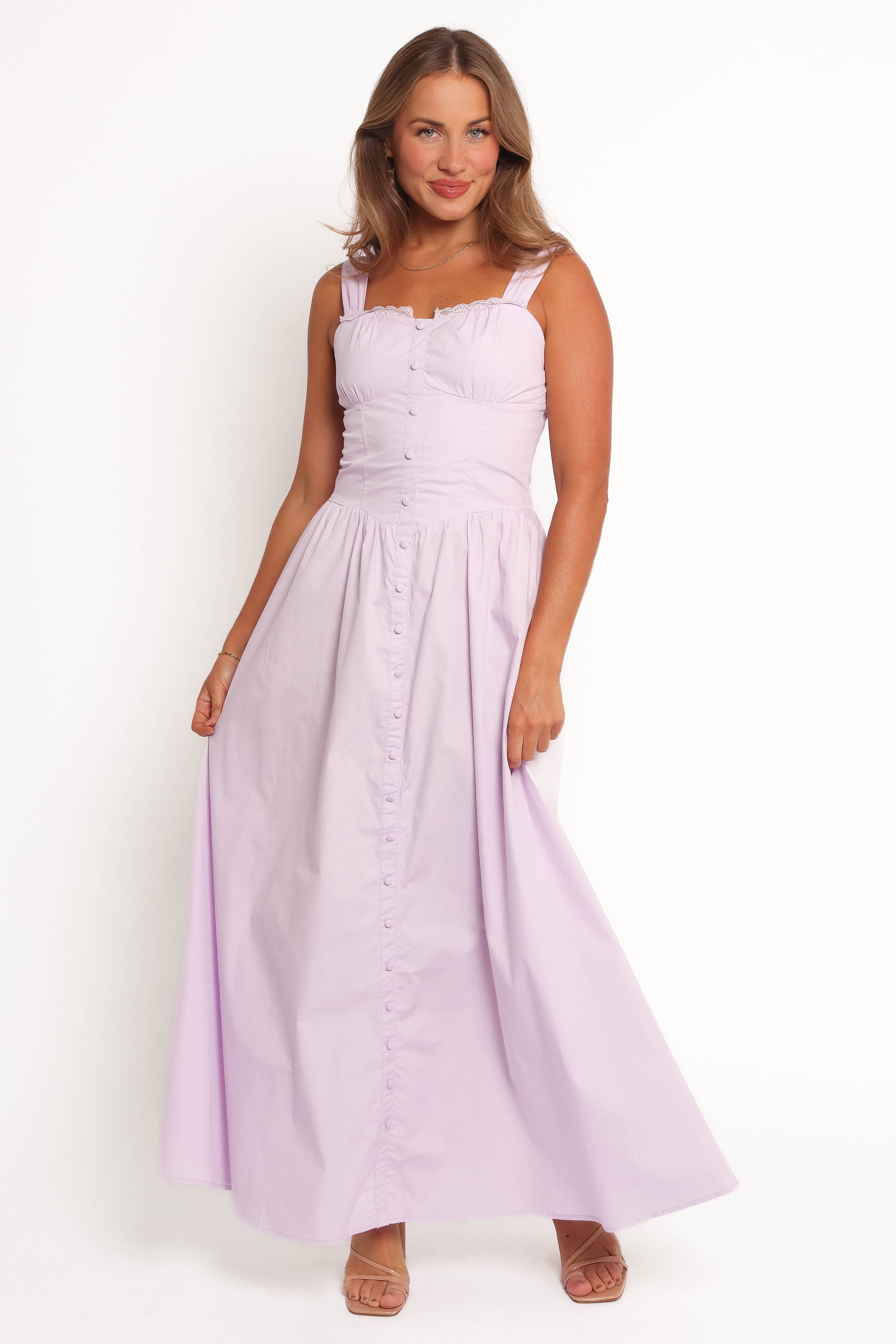 Lilac Cotton Maxi Dress with Square Neckline & Adjustable Straps - Bellus