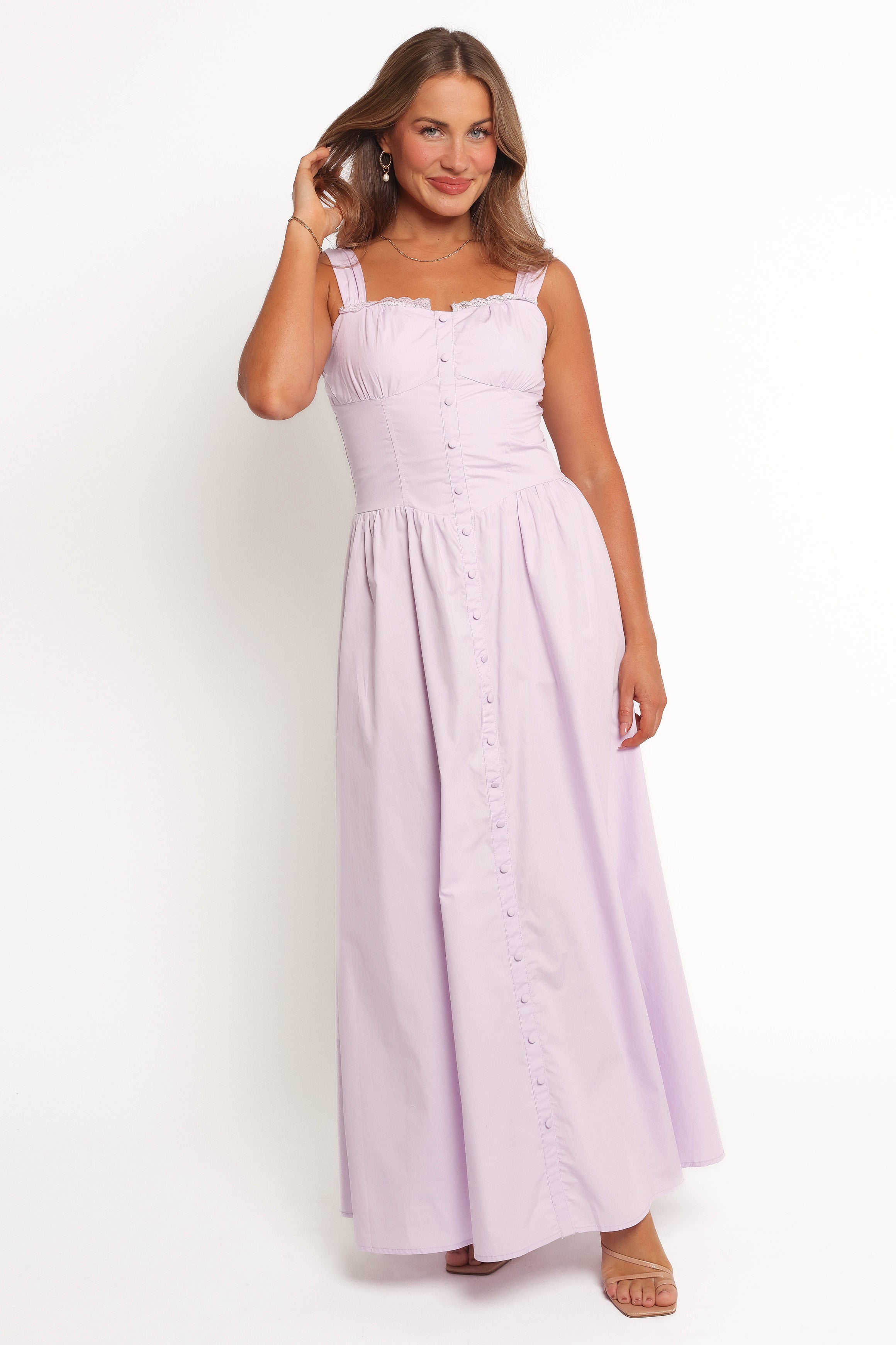 Lilac Cotton Maxi Dress with Square Neckline & Adjustable Straps - Bellus