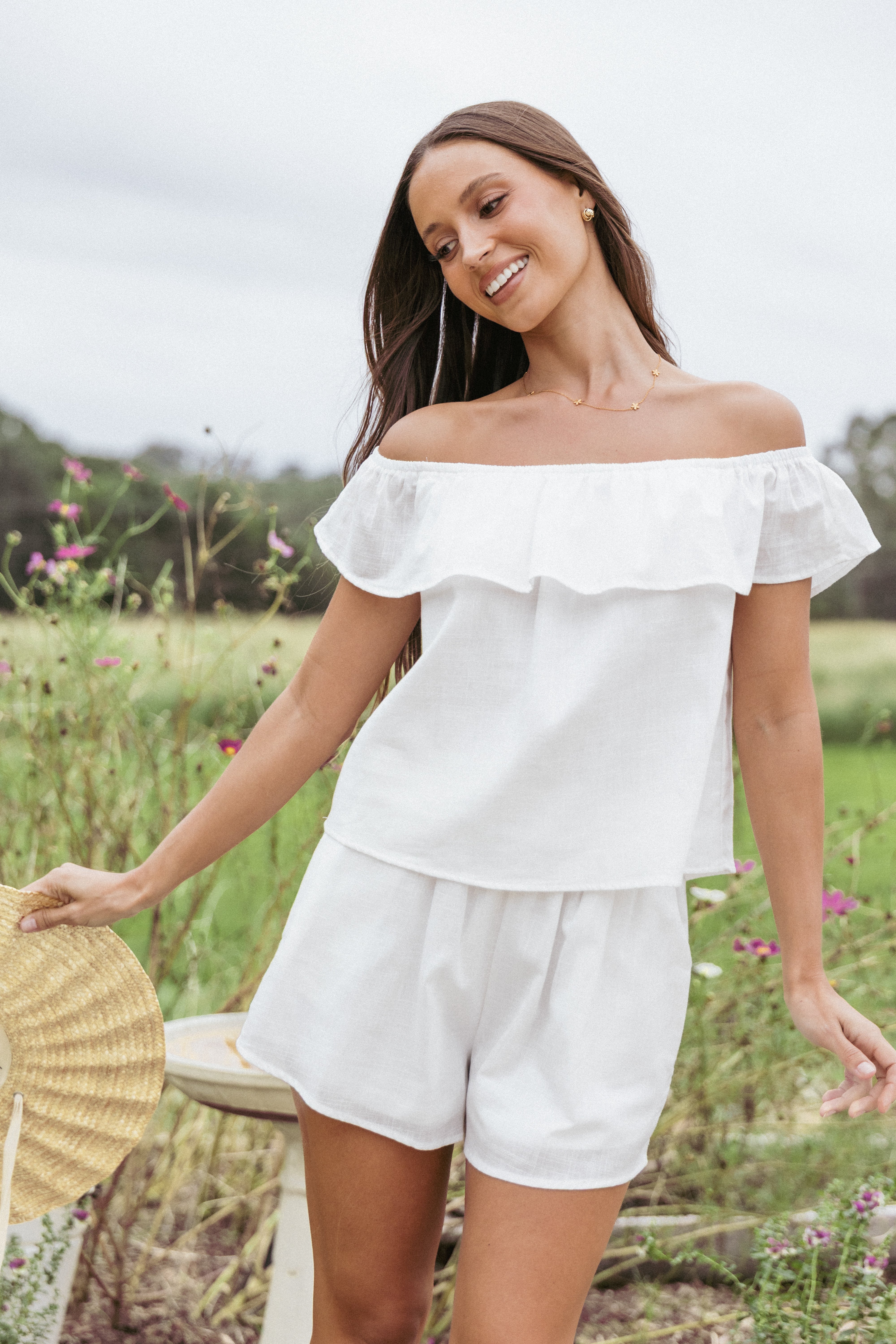Women's White Off-Shoulder Top & Shorts Set - 100% Cotton