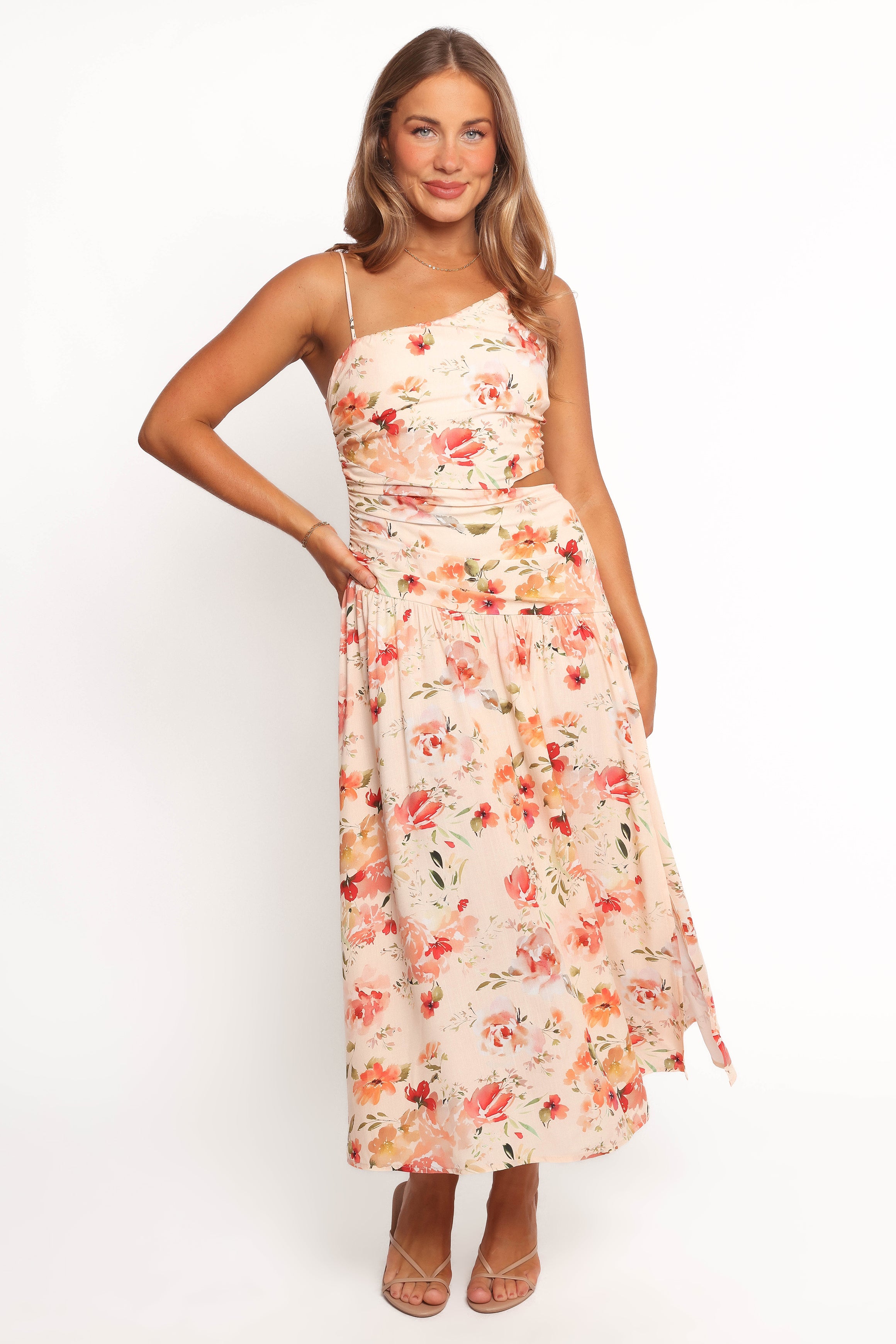Floral Print Midi Dress with Cut-Out Detail