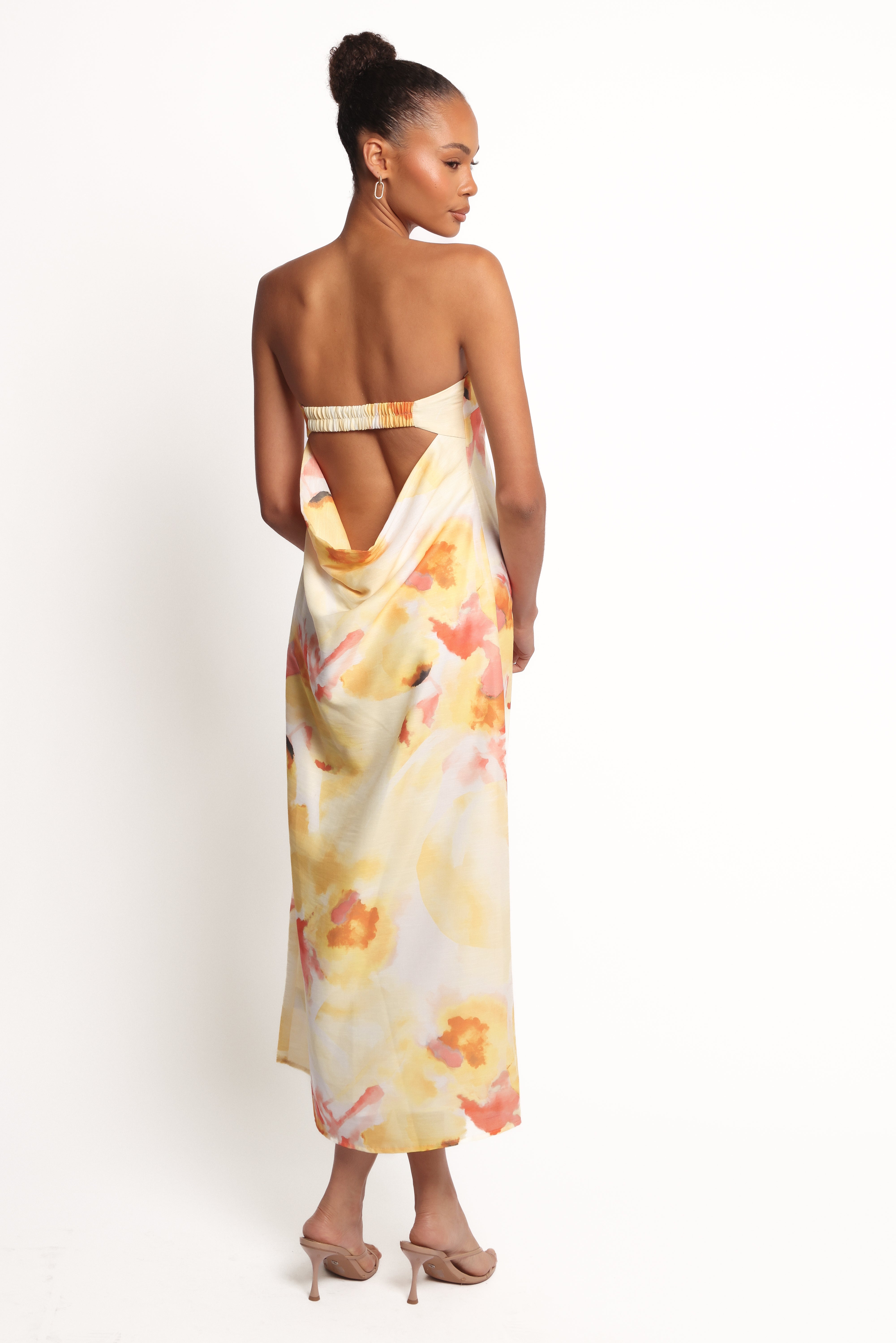 Yellow Floral Strapless Maxi Dress with Back Cut Out Design
