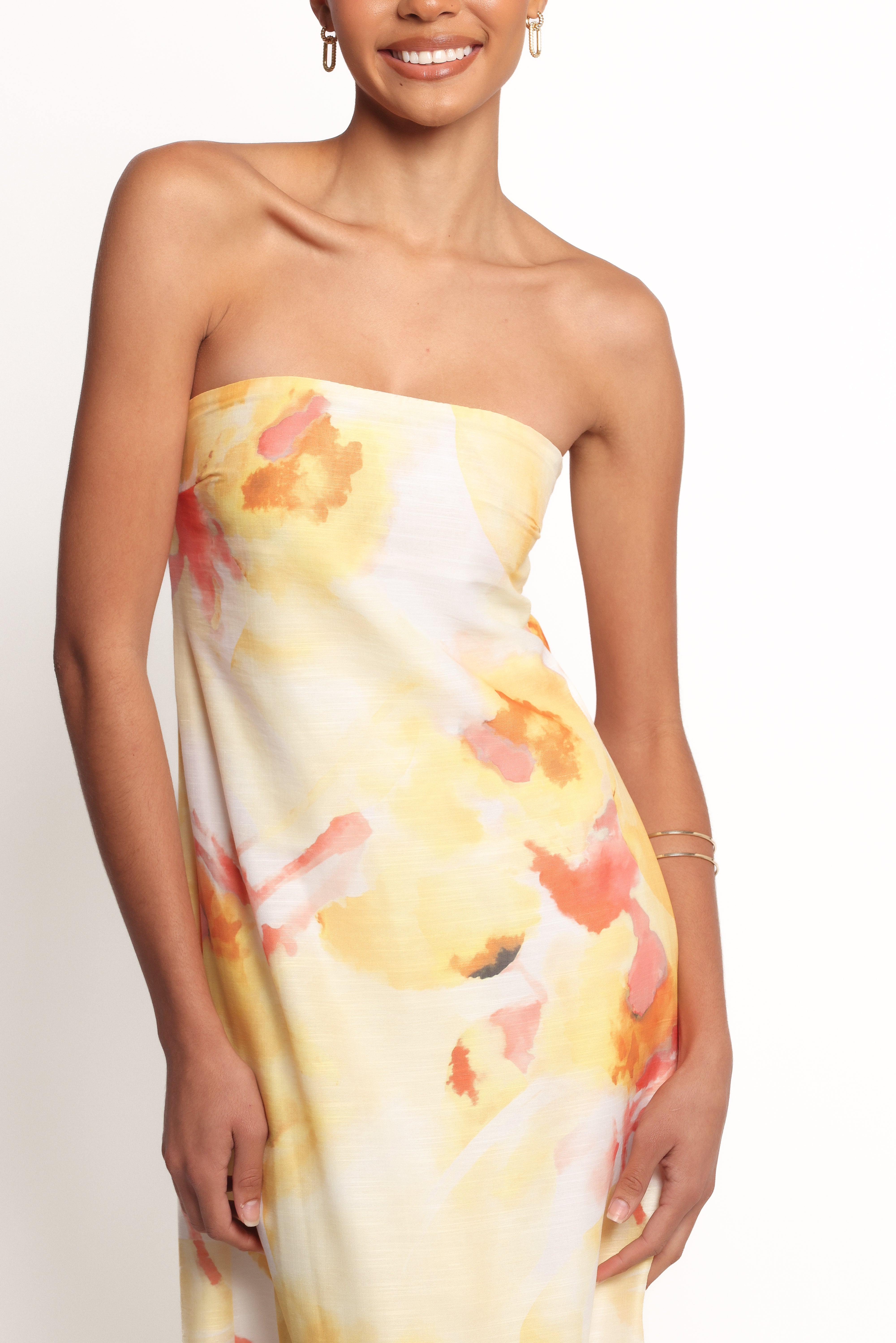 Yellow Floral Strapless Maxi Dress with Back Cut Out Design