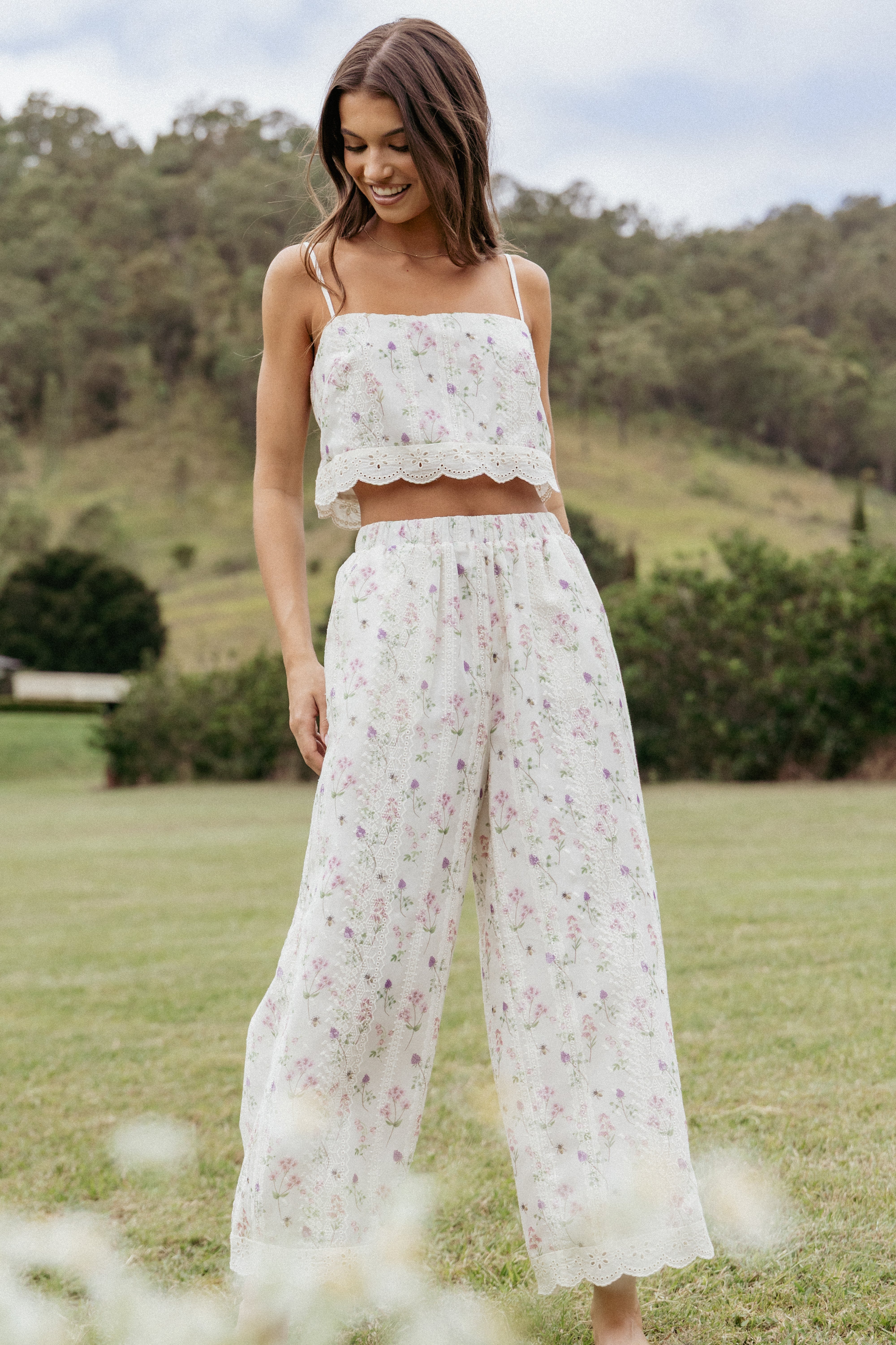 Floral Lace Trim Two Piece Set - Pink Cropped Top & High Waist Pants