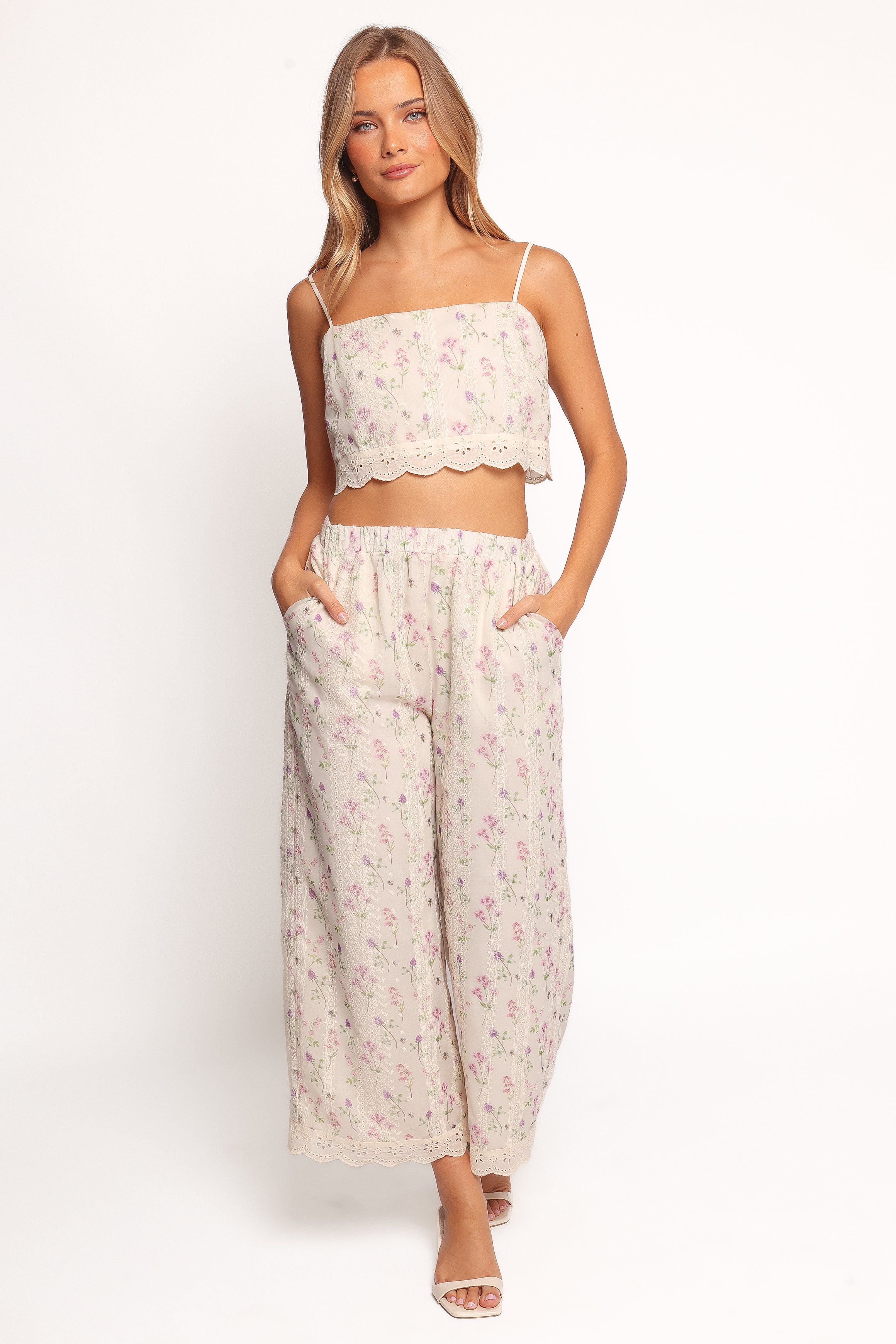 Floral Lace Trim Two Piece Set - Pink Cropped Top & High Waist Pants
