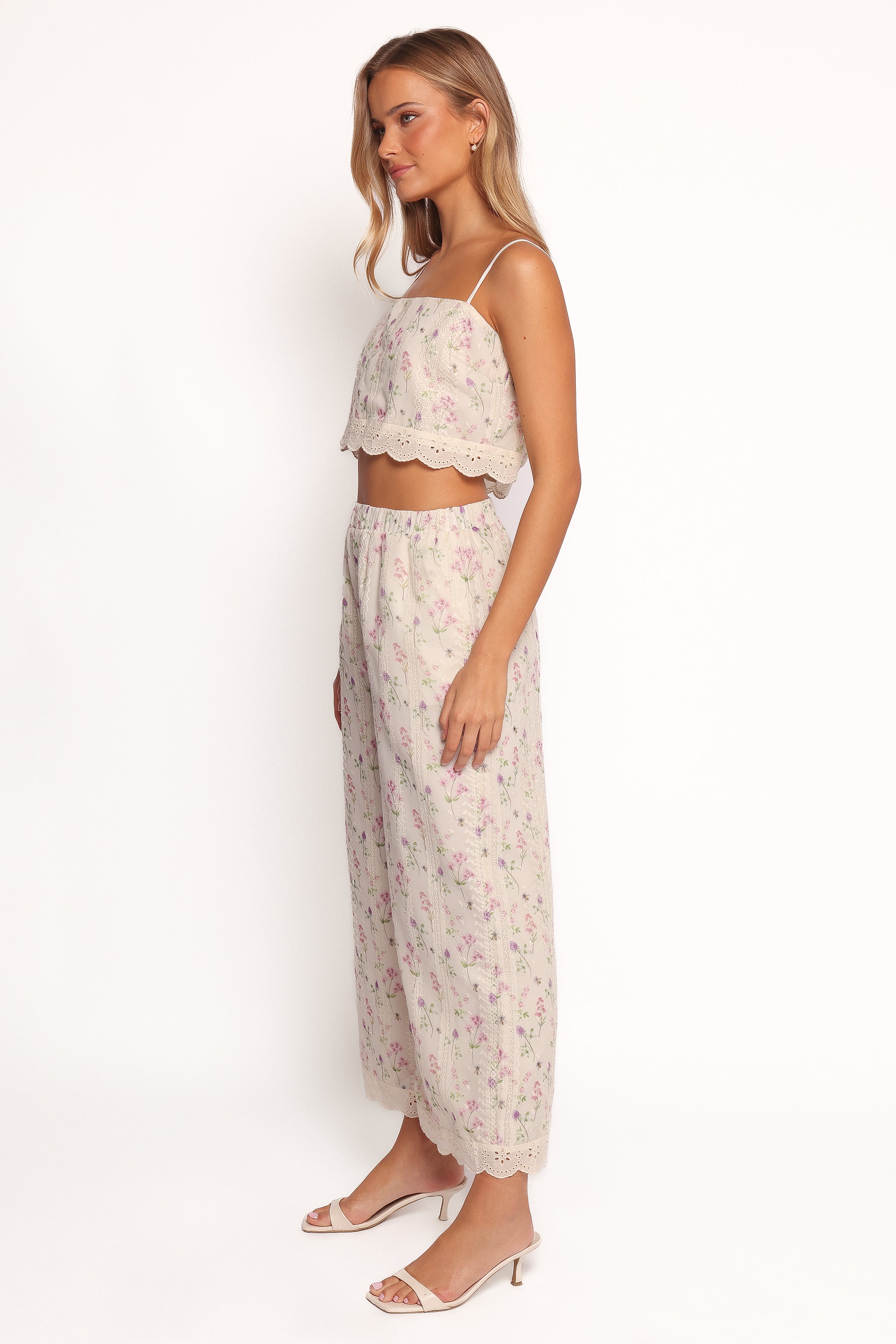 Floral Lace Trim Two Piece Set - Pink Cropped Top & High Waist Pants
