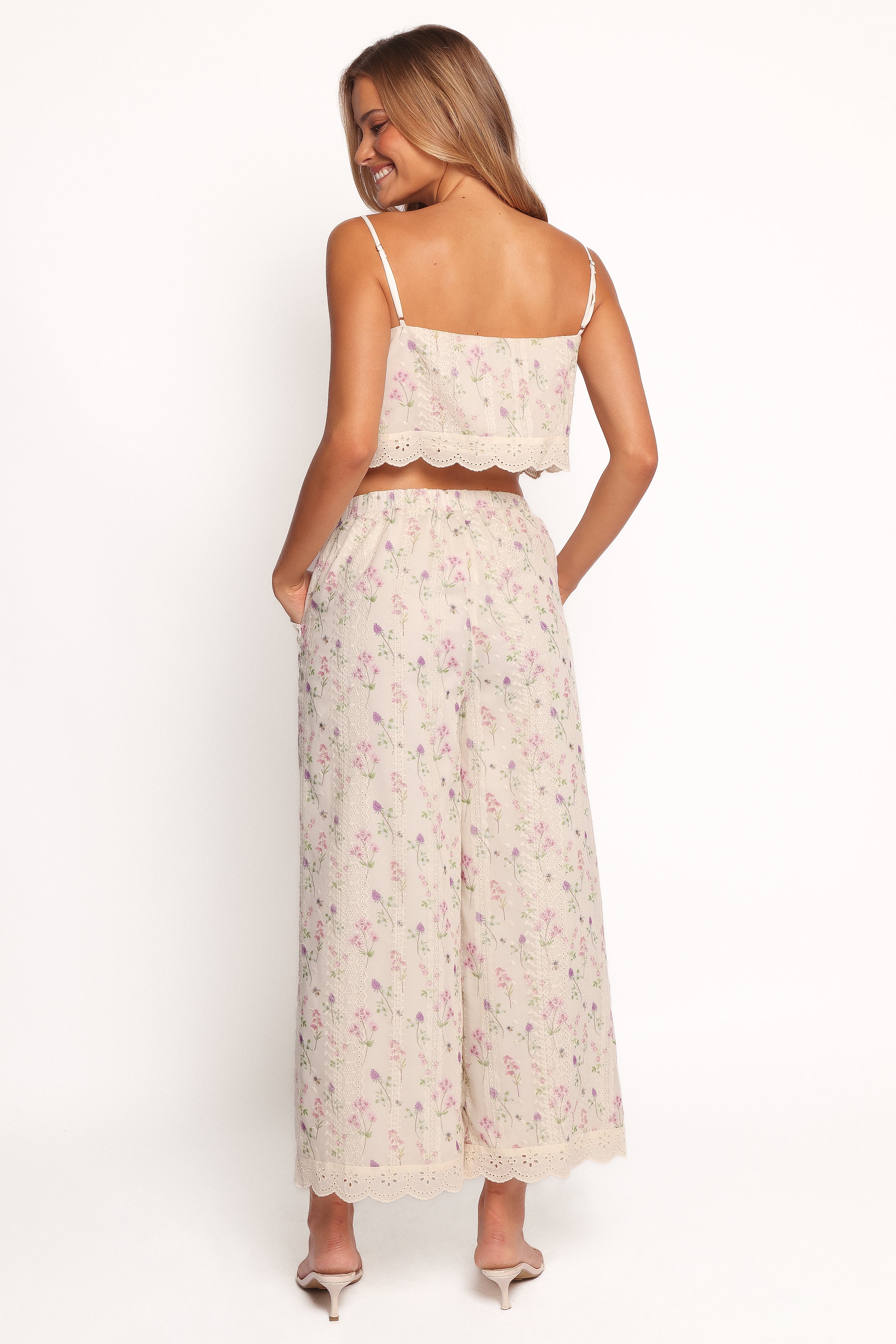 Floral Lace Trim Two Piece Set - Pink Cropped Top & High Waist Pants
