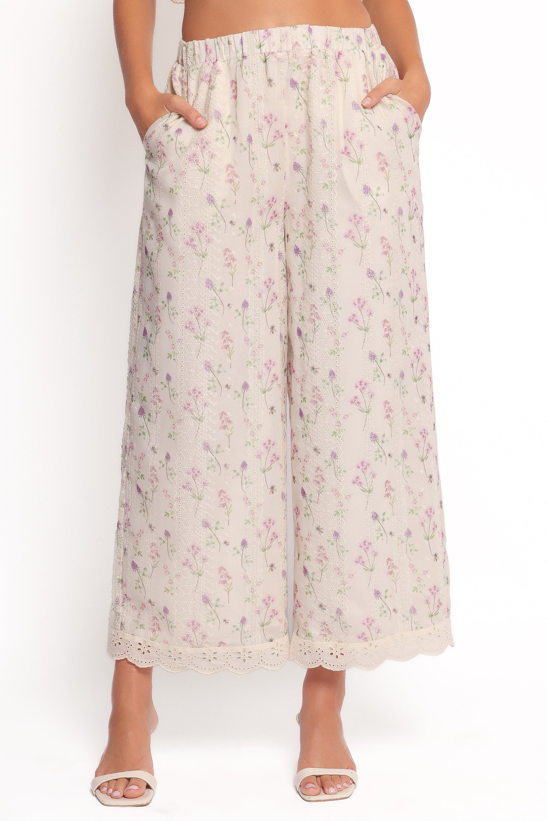 Floral Lace Trim Two Piece Set - Pink Cropped Top & High Waist Pants