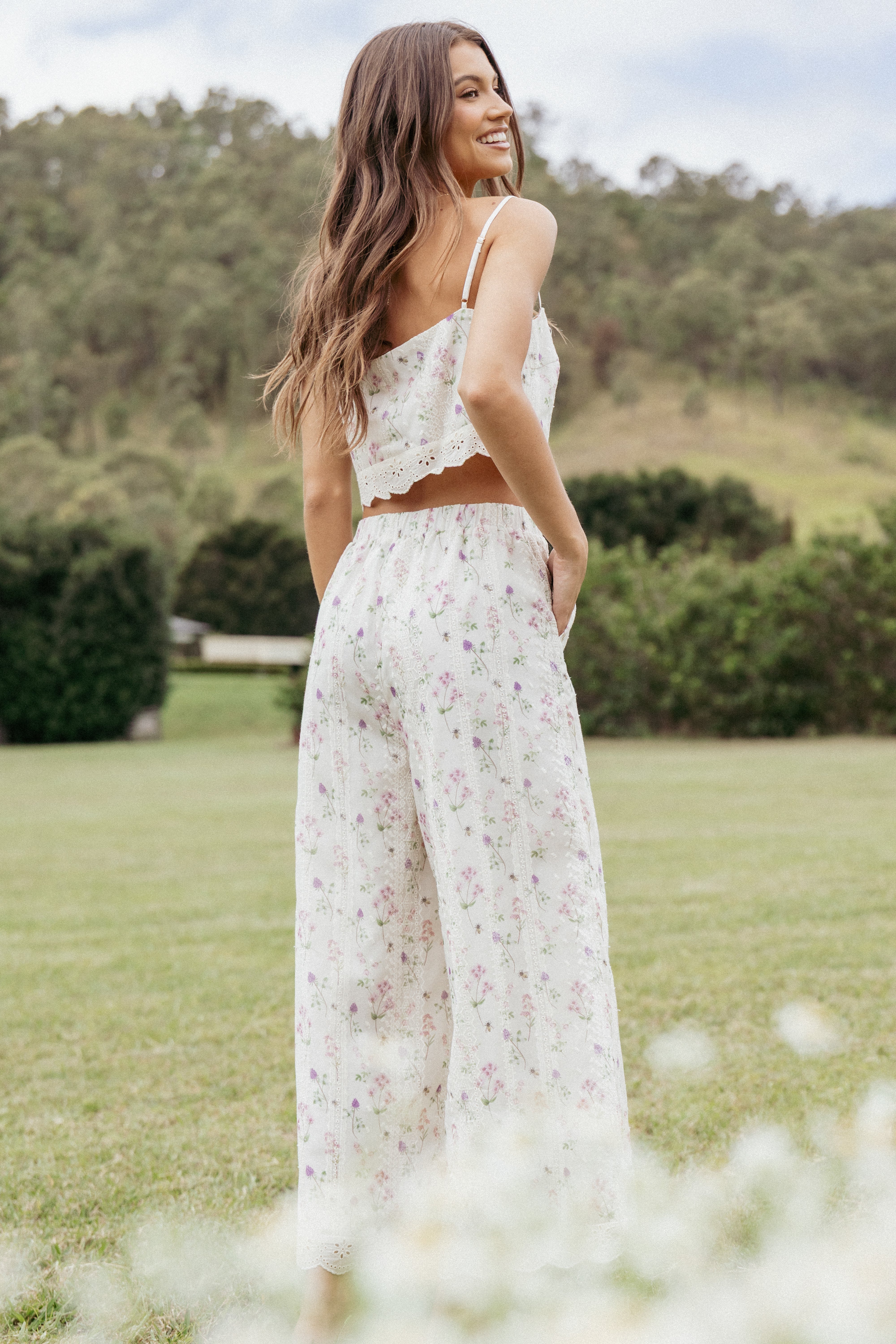 Floral Lace Trim Two Piece Set - Pink Cropped Top & High Waist Pants