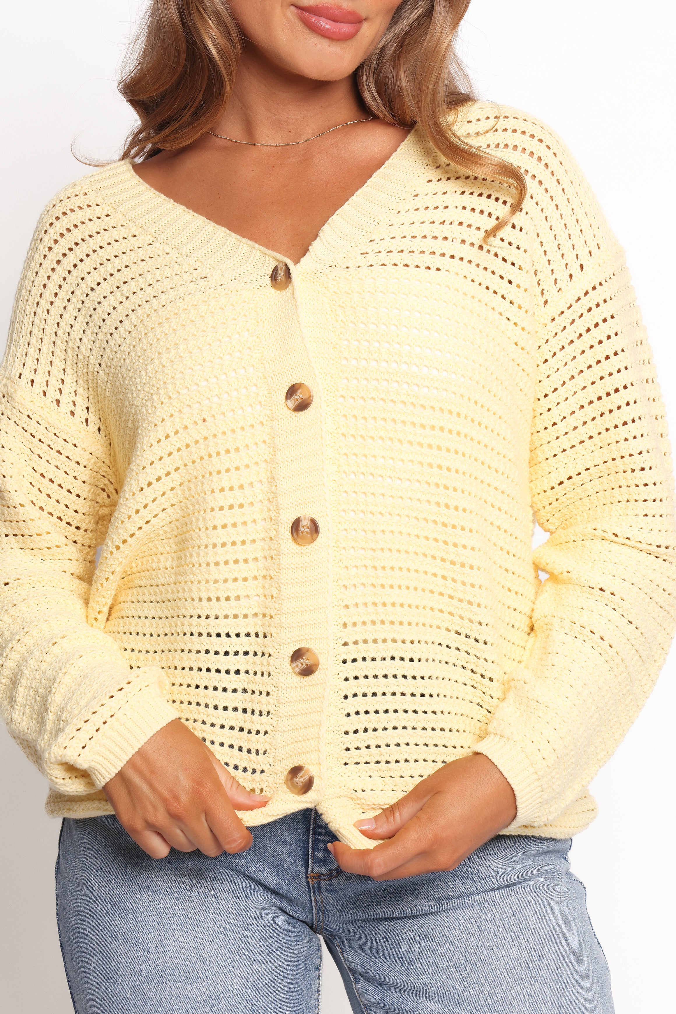 Yellow V-Neck Cotton Cardigan with Front Buttons - Carrie