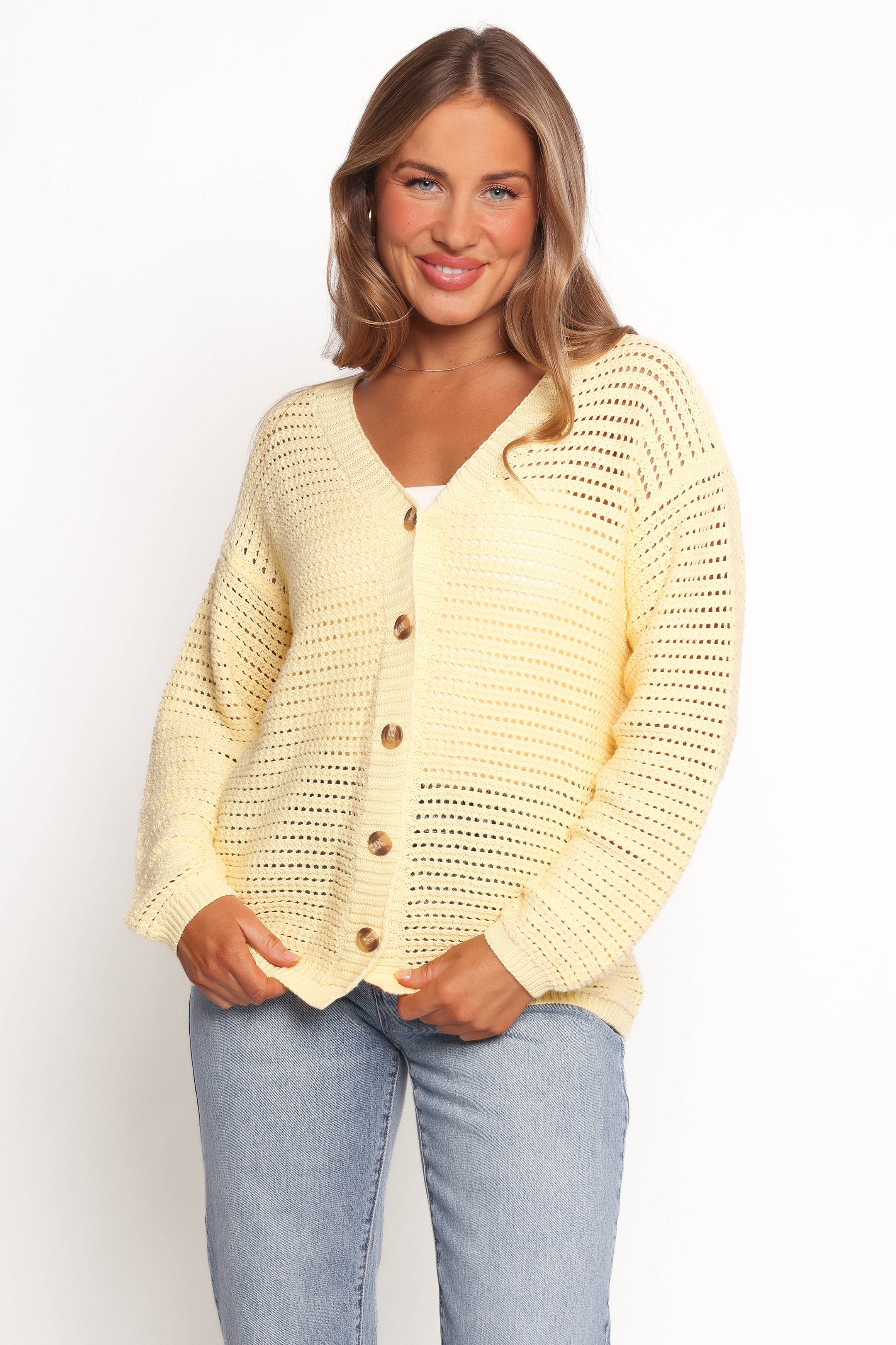Yellow V-Neck Cotton Cardigan with Front Buttons - Carrie