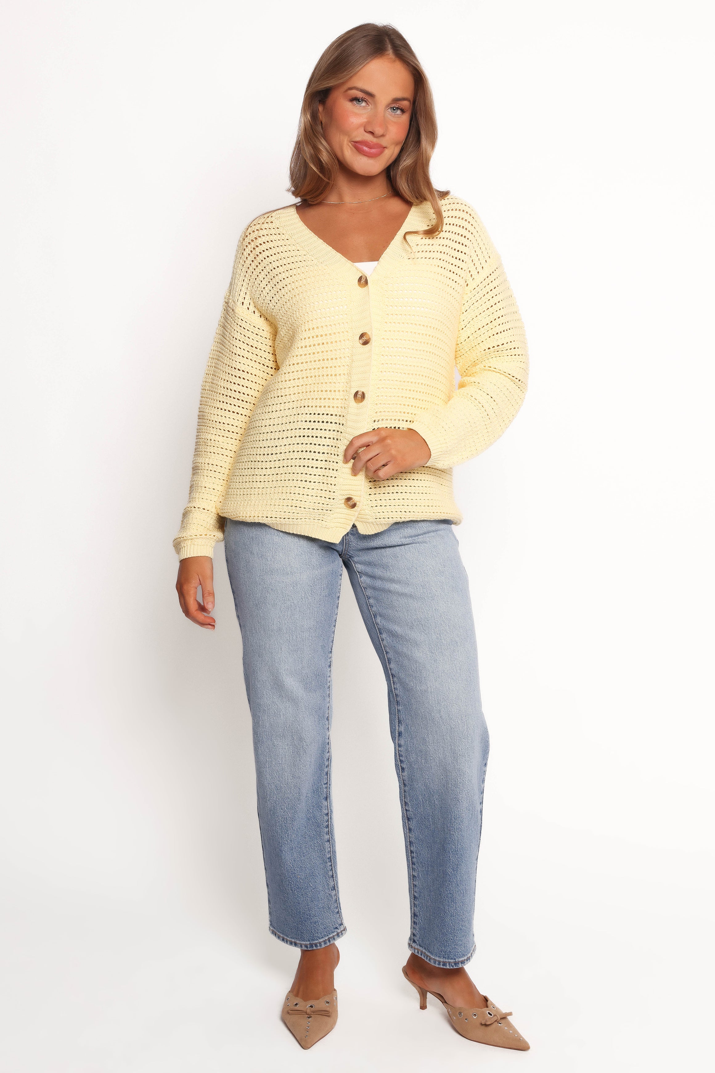 Yellow V-Neck Cotton Cardigan with Front Buttons - Carrie
