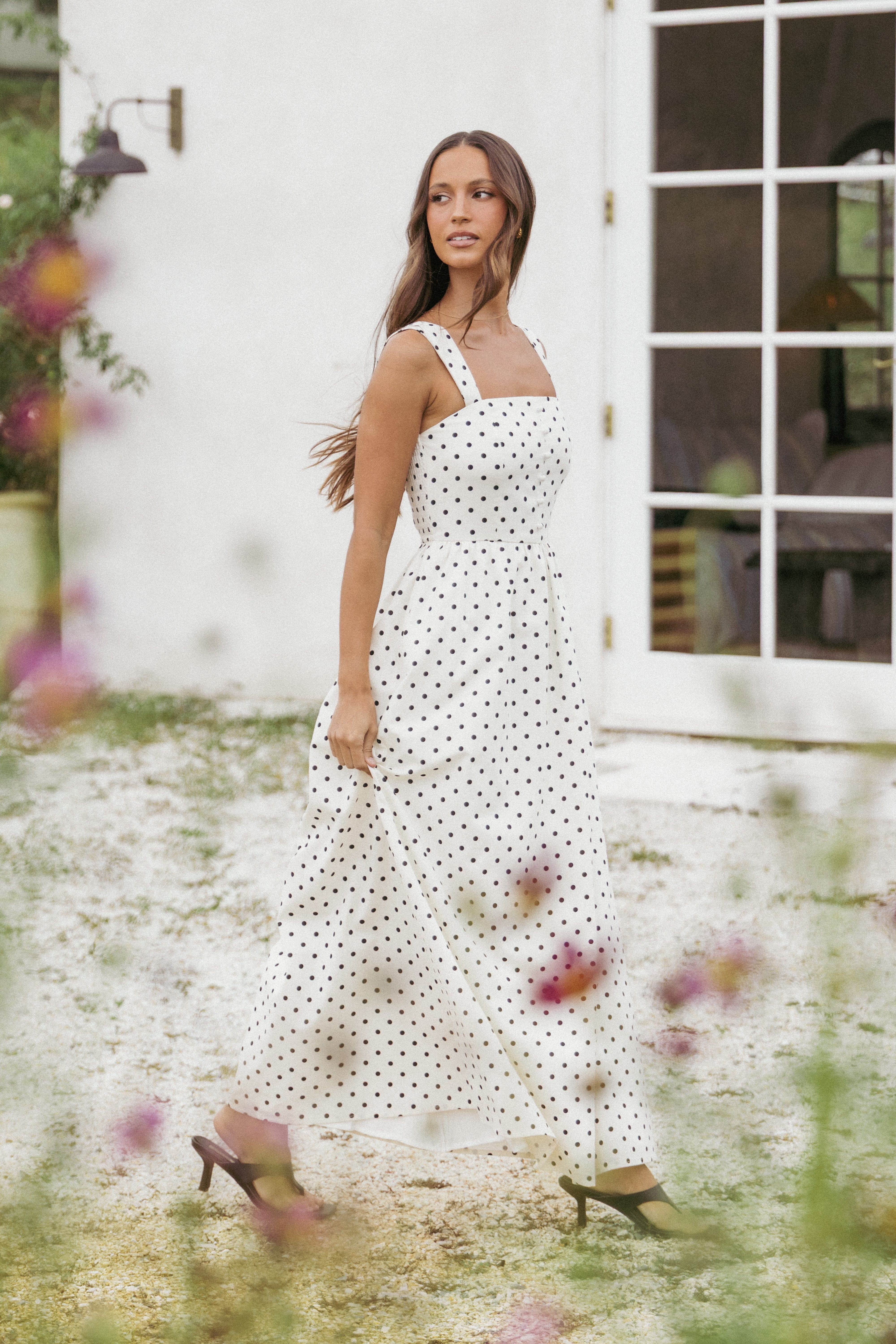 White Polka Dot Jenni Maxi Dress - Square Neck A-Line Cotton