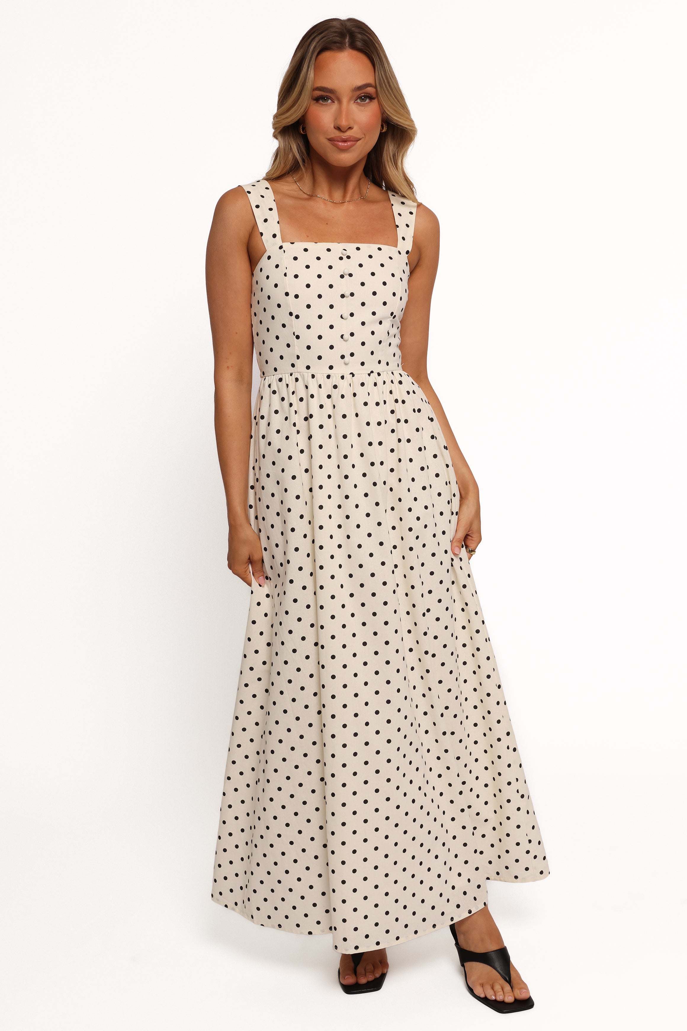 White Polka Dot Jenni Maxi Dress - Square Neck A-Line Cotton