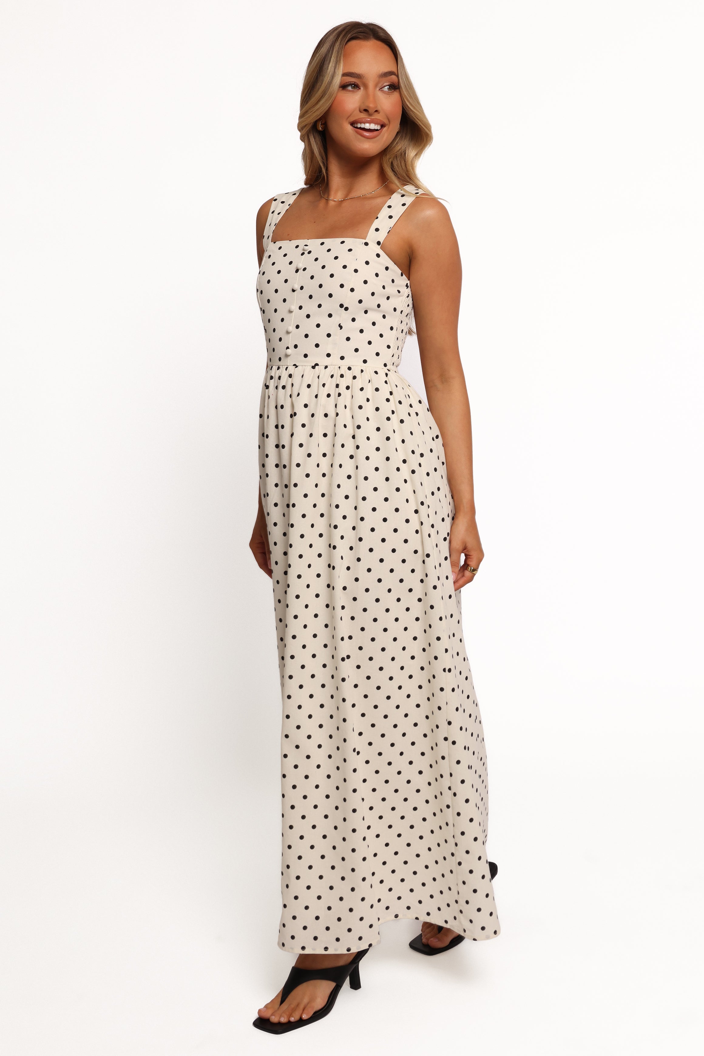 White Polka Dot Jenni Maxi Dress - Square Neck A-Line Cotton
