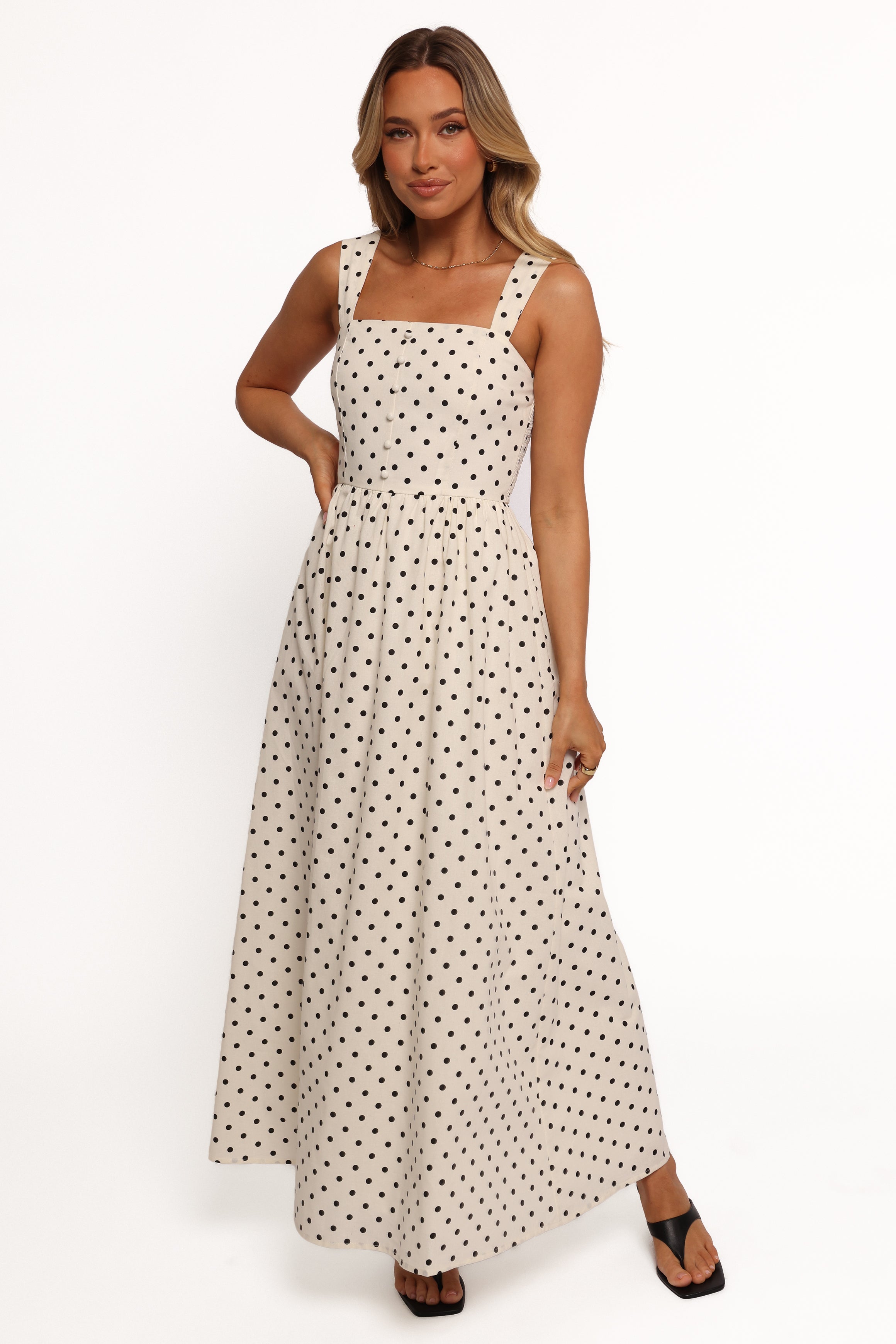 White Polka Dot Jenni Maxi Dress - Square Neck A-Line Cotton