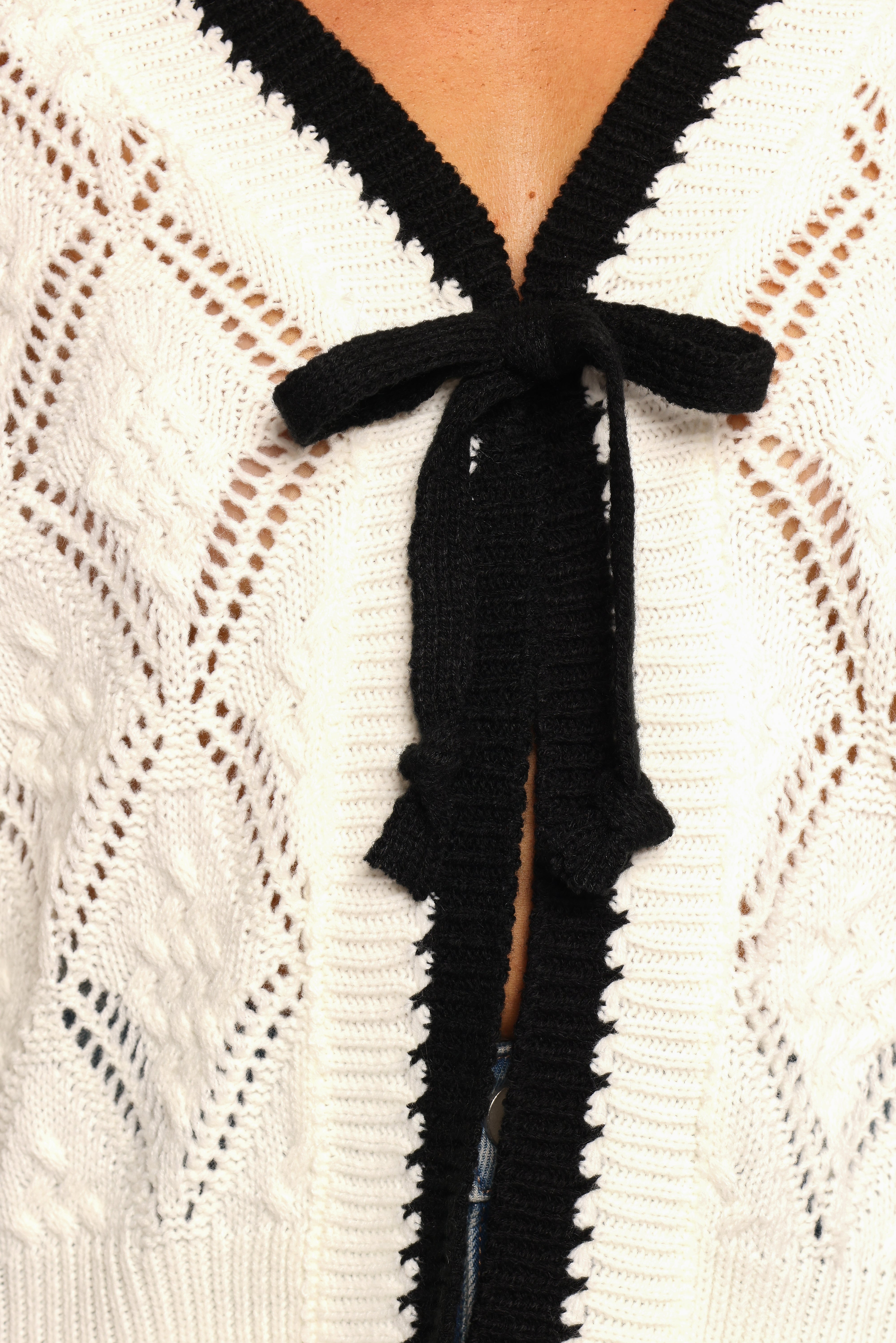 Lainy Bow Tie Cardigan - Cream V-Neck Long Sleeve Open Front
