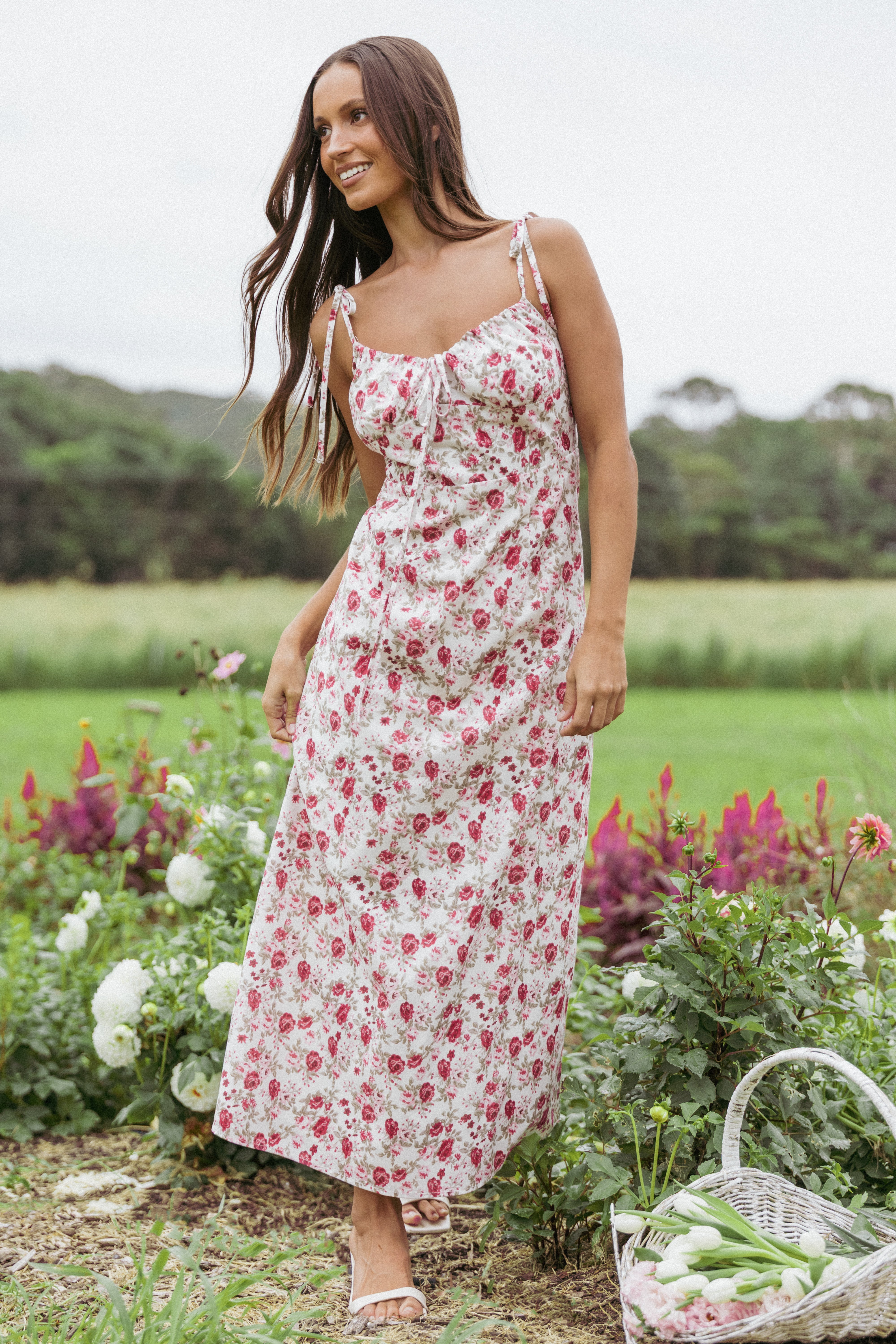 Rose Print Imelda Midi Dress with Adjustable Straps
