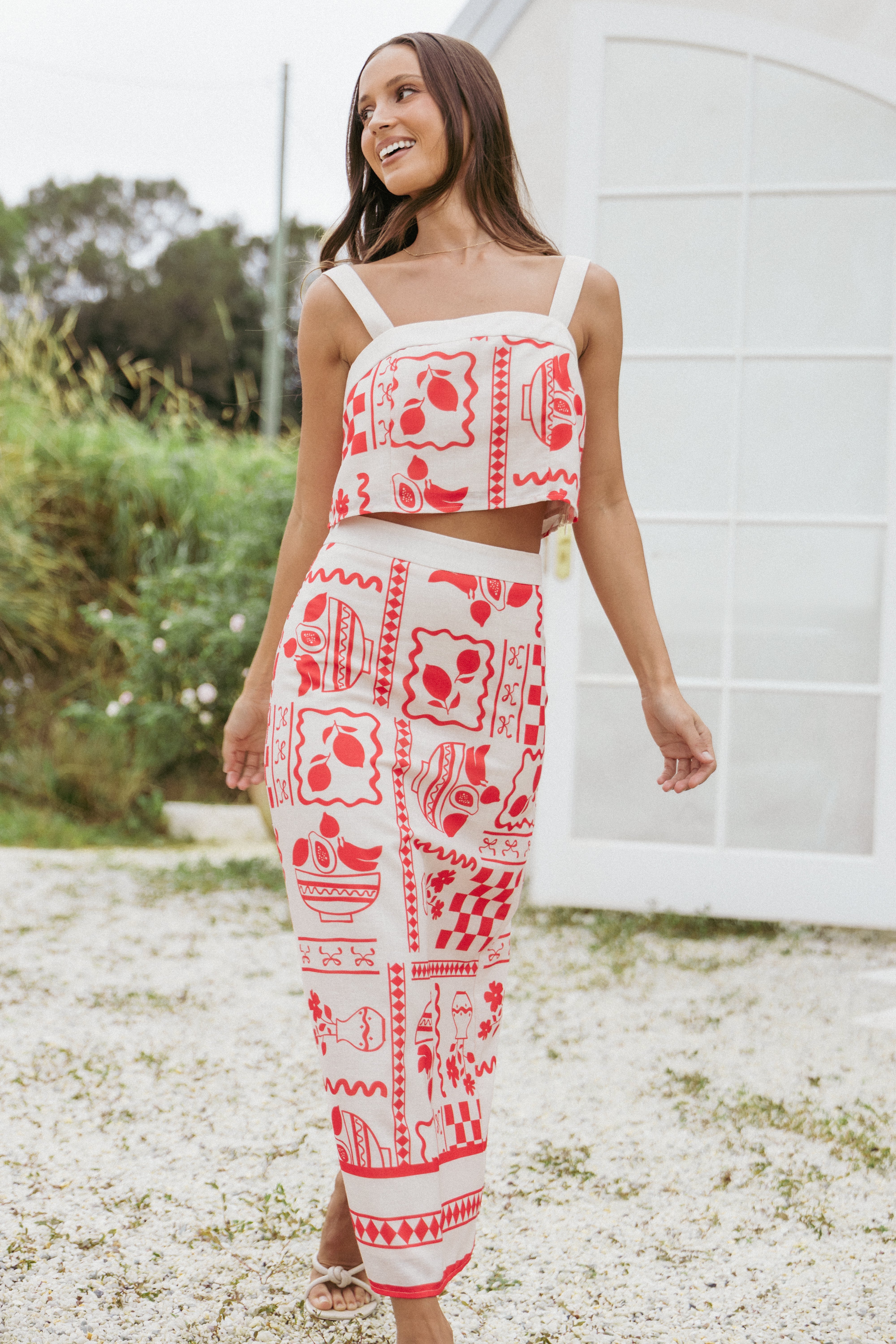 Red Print Albanie Skirt Set - Square Neck Crop Top & High Waist Midi Skirt