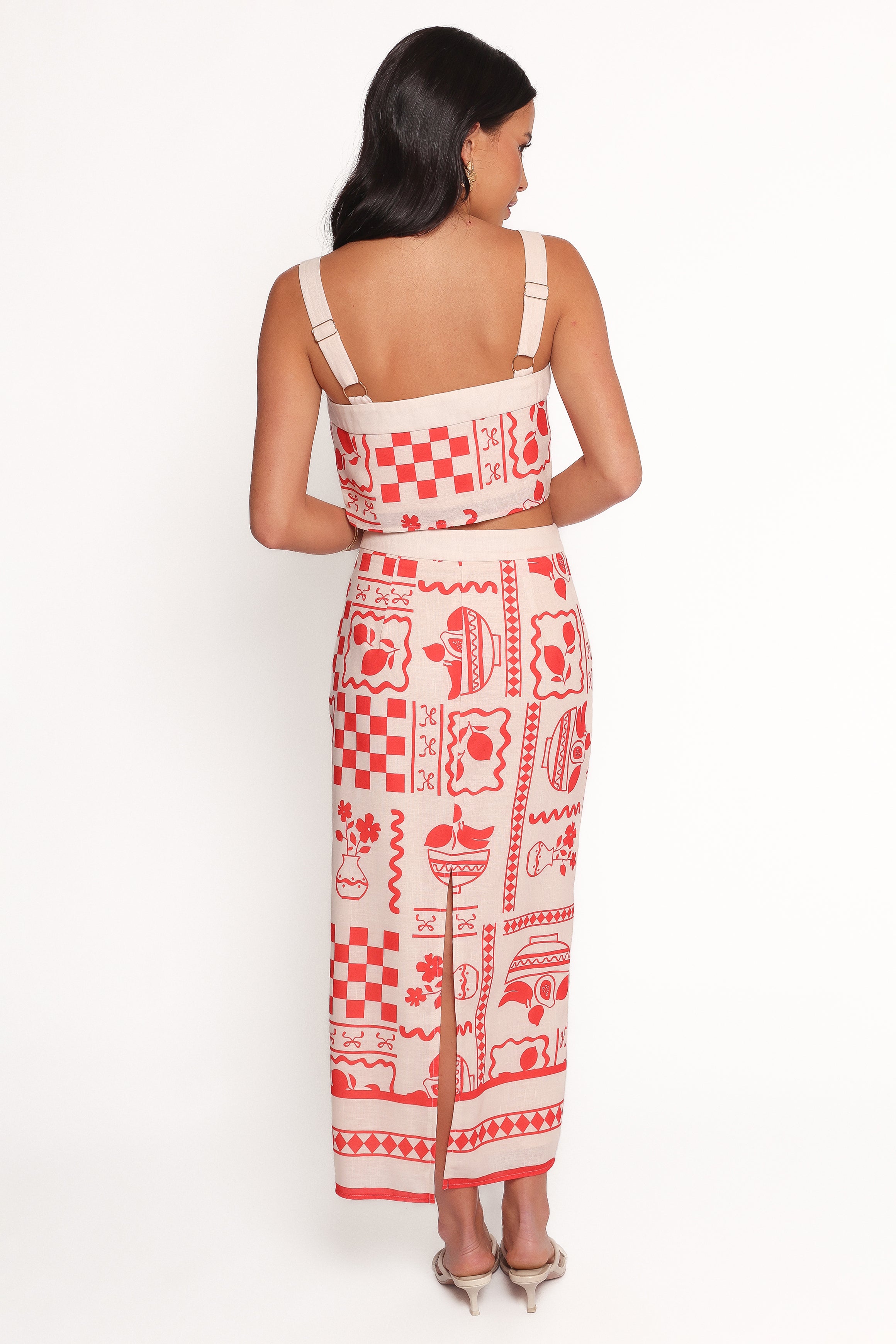 Red Print Albanie Skirt Set - Square Neck Crop Top & High Waist Midi Skirt