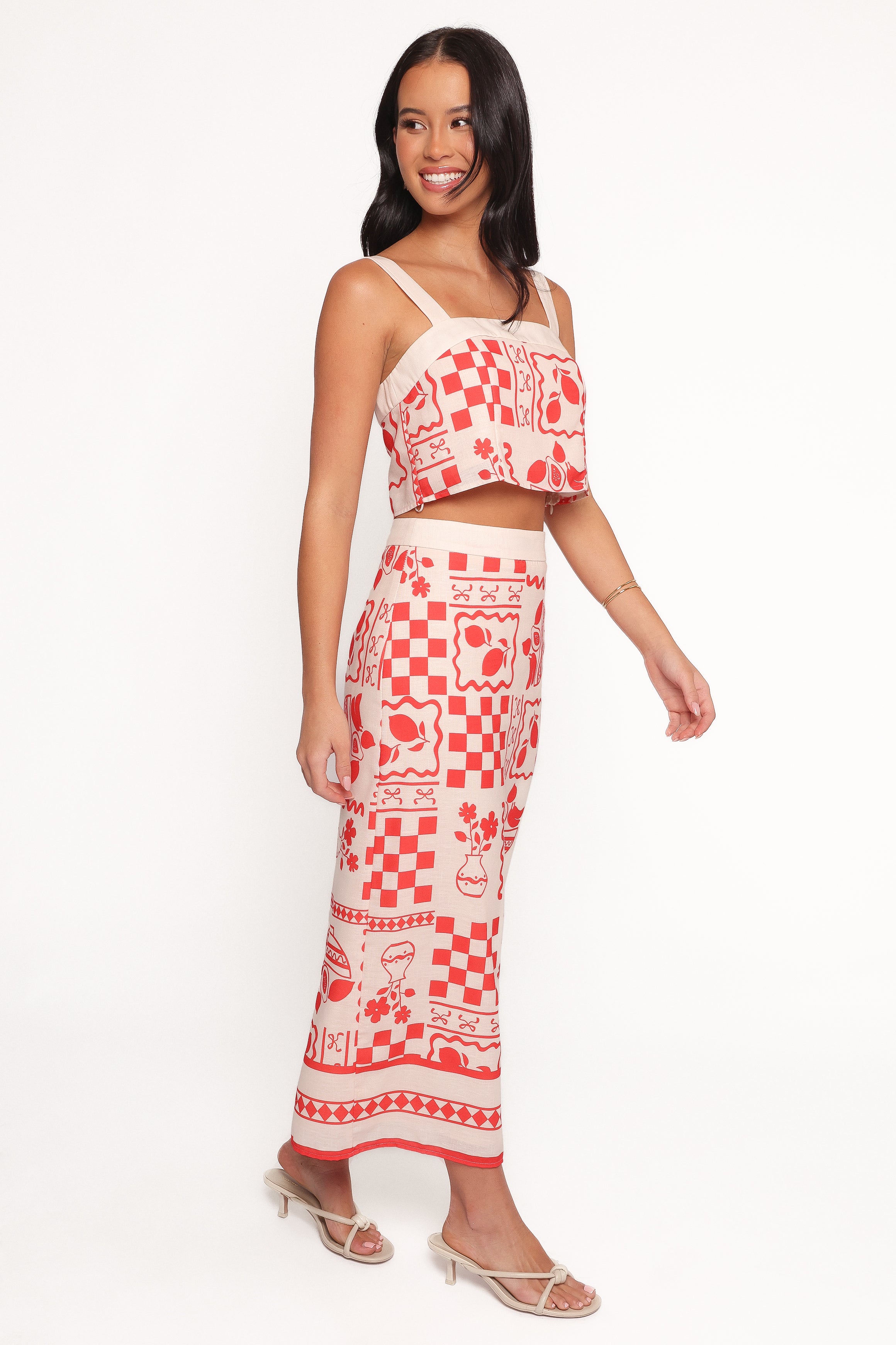 Red Print Albanie Skirt Set - Square Neck Crop Top & High Waist Midi Skirt