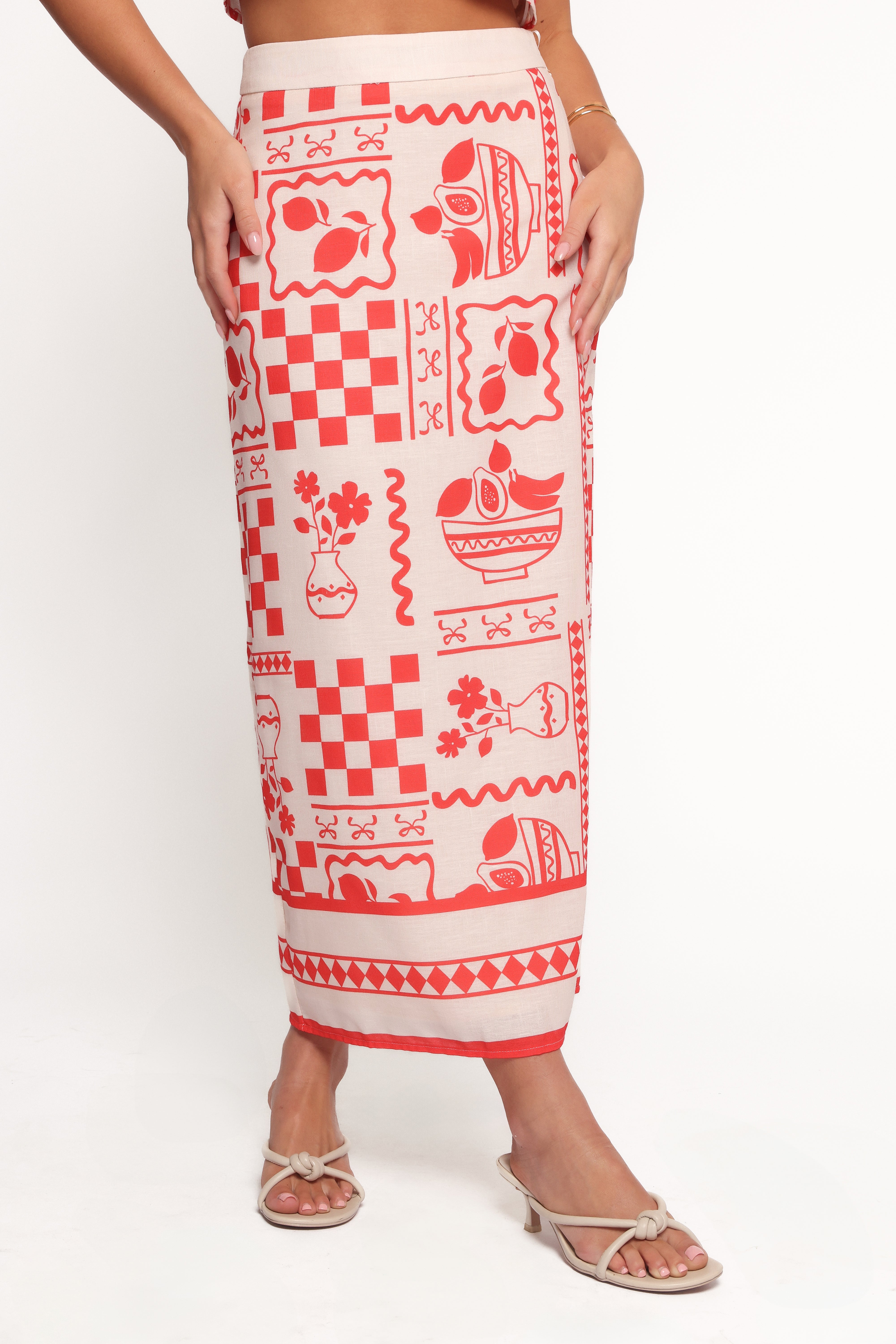 Red Print Albanie Skirt Set - Square Neck Crop Top & High Waist Midi Skirt