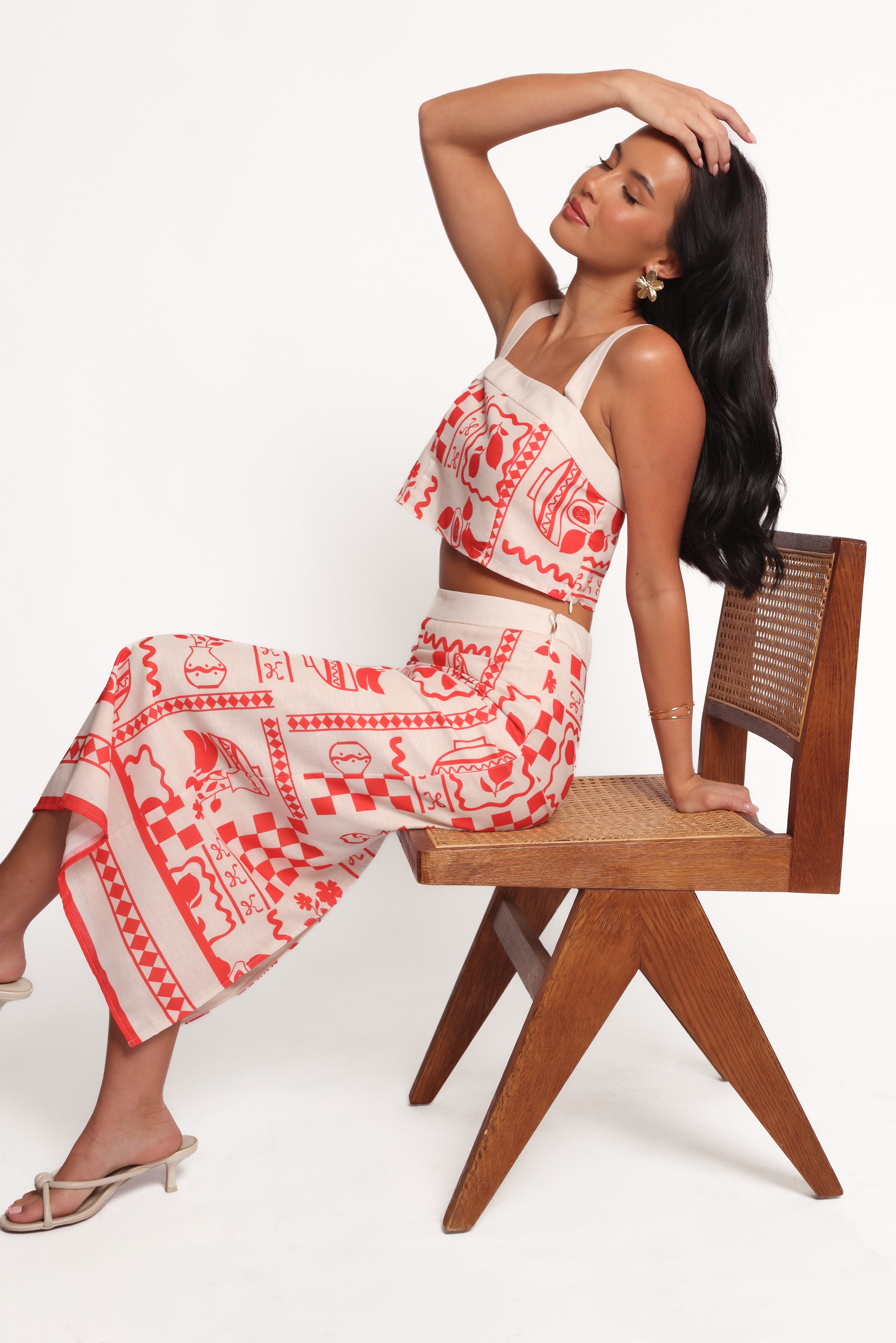 Red Print Albanie Skirt Set - Square Neck Crop Top & High Waist Midi Skirt