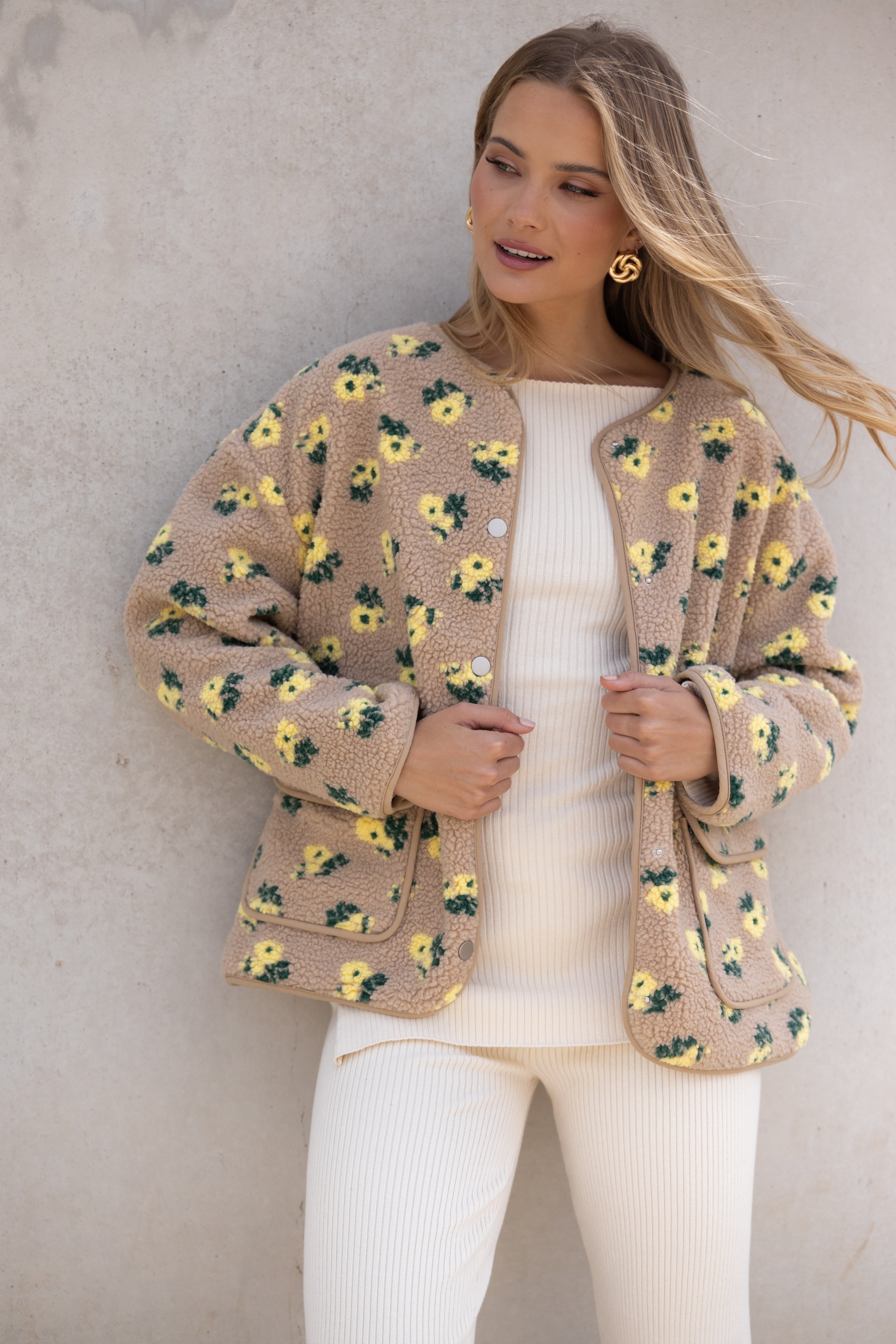 Roux Floral Print Teddy Jacket - Taupe Shearling Coat