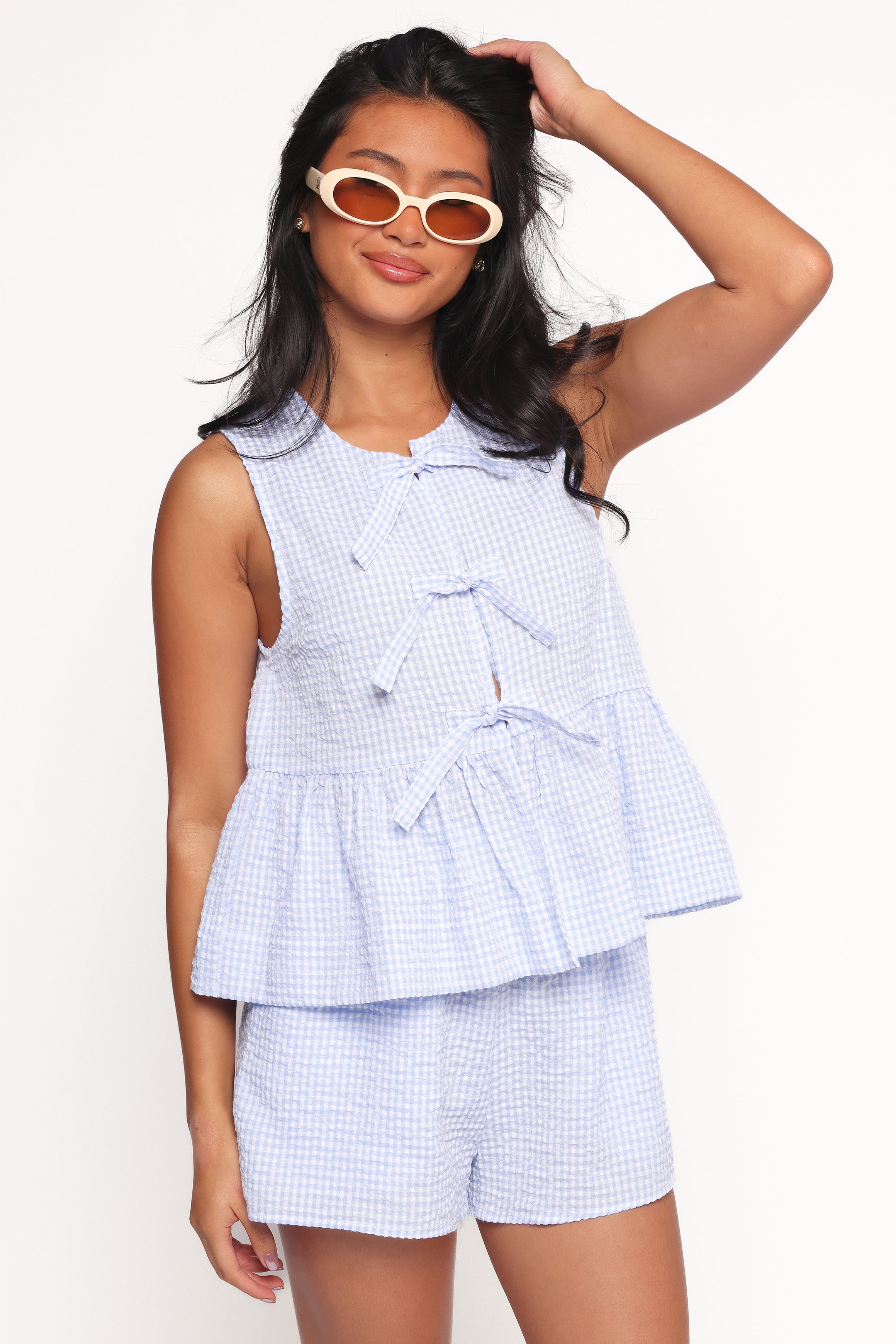 Blue Gingham Salina Short Set - Matching Top & High Waist Shorts