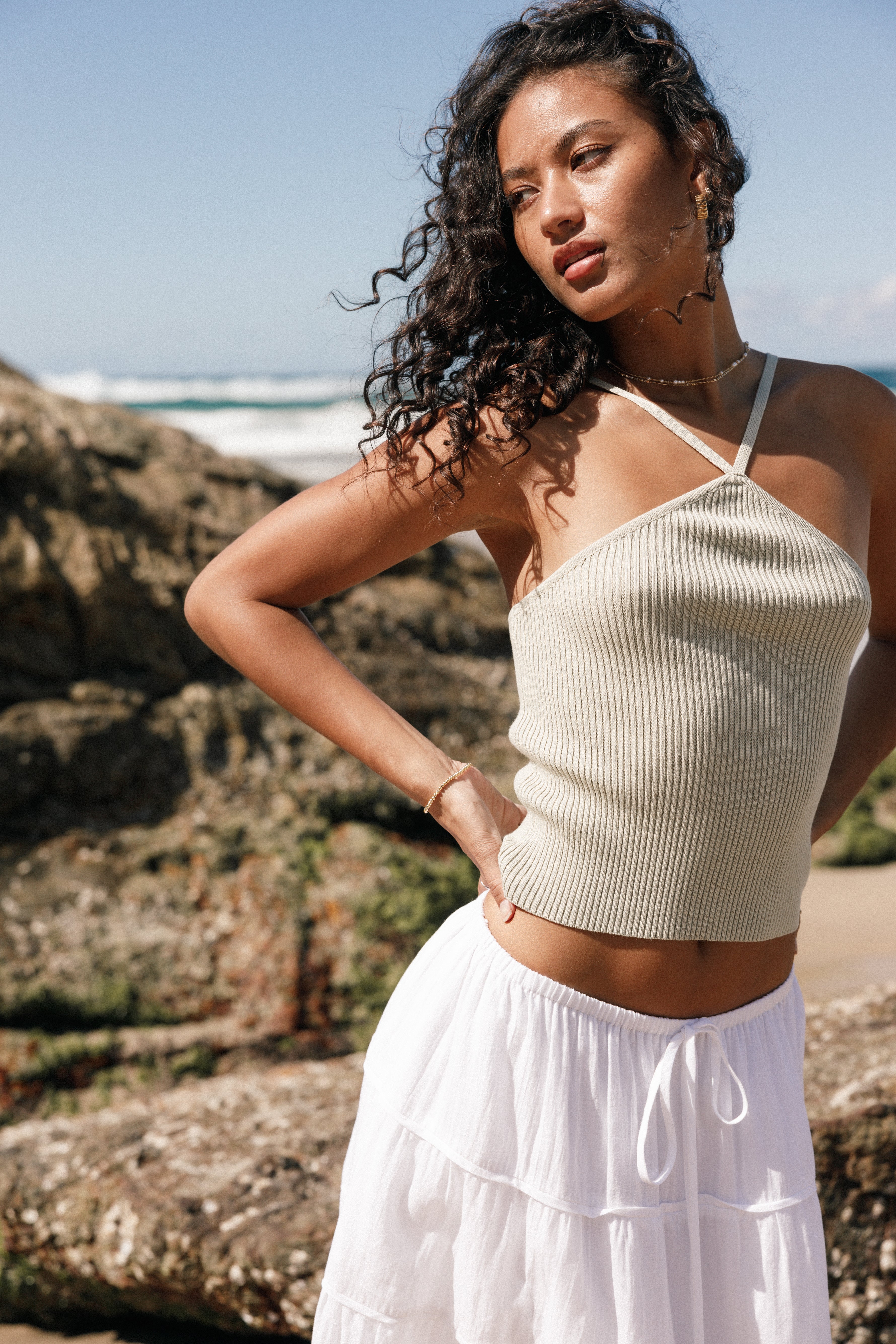 Lyles Cropped Halterneck Top - Avocado Green Ribbed Knit