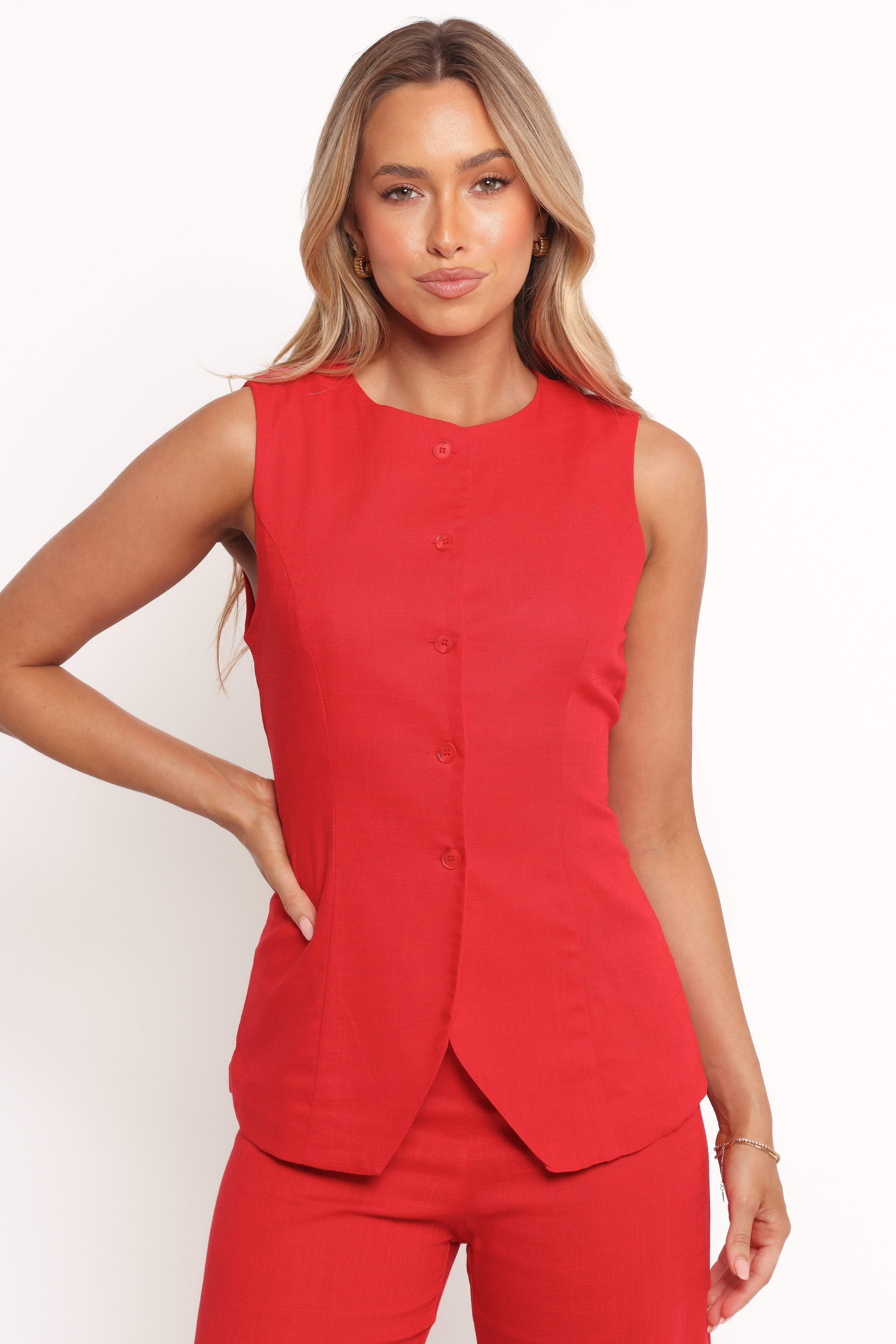 Linen Blend Vest Top with Adjustable Waist Tie - Amia Red