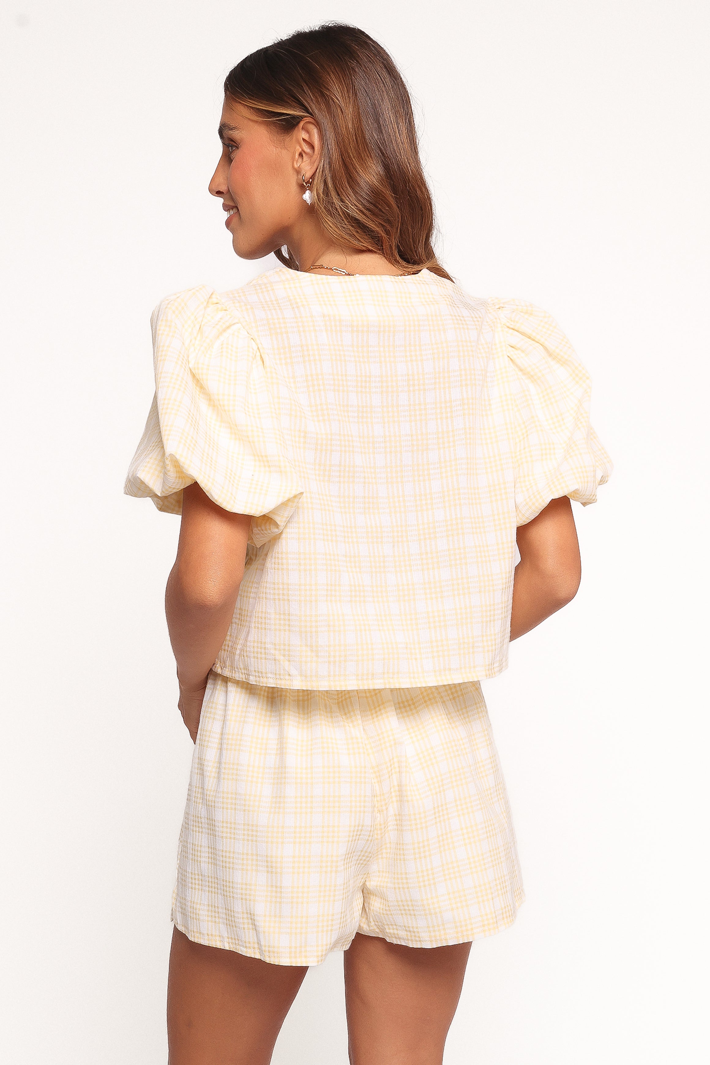 Women's Yellow Gingham Short Set - Cropped Top & Drawstring Shorts
