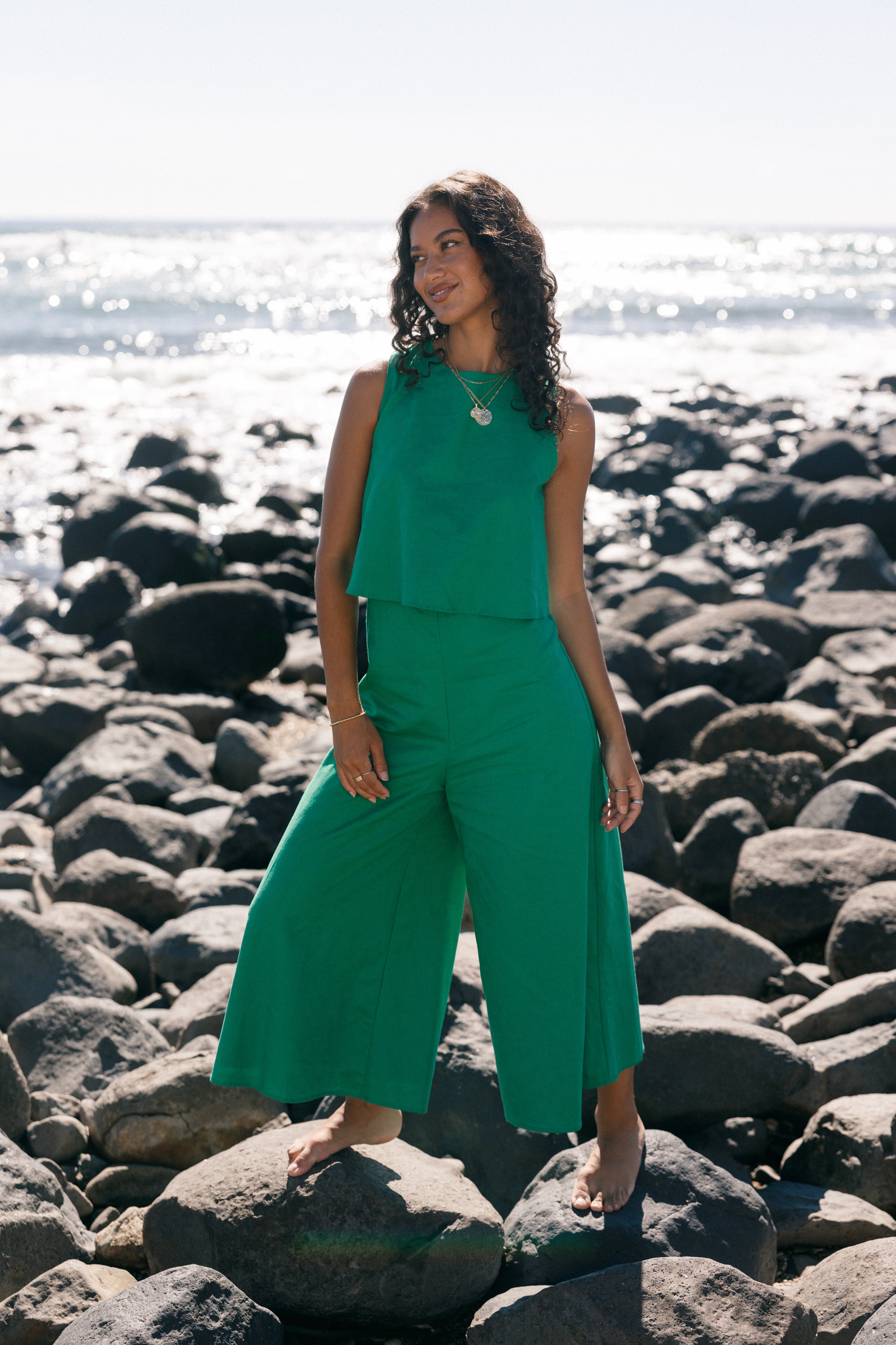 Women's Green Linen-Cotton Jumpsuit with Wide Leg & Back Zip