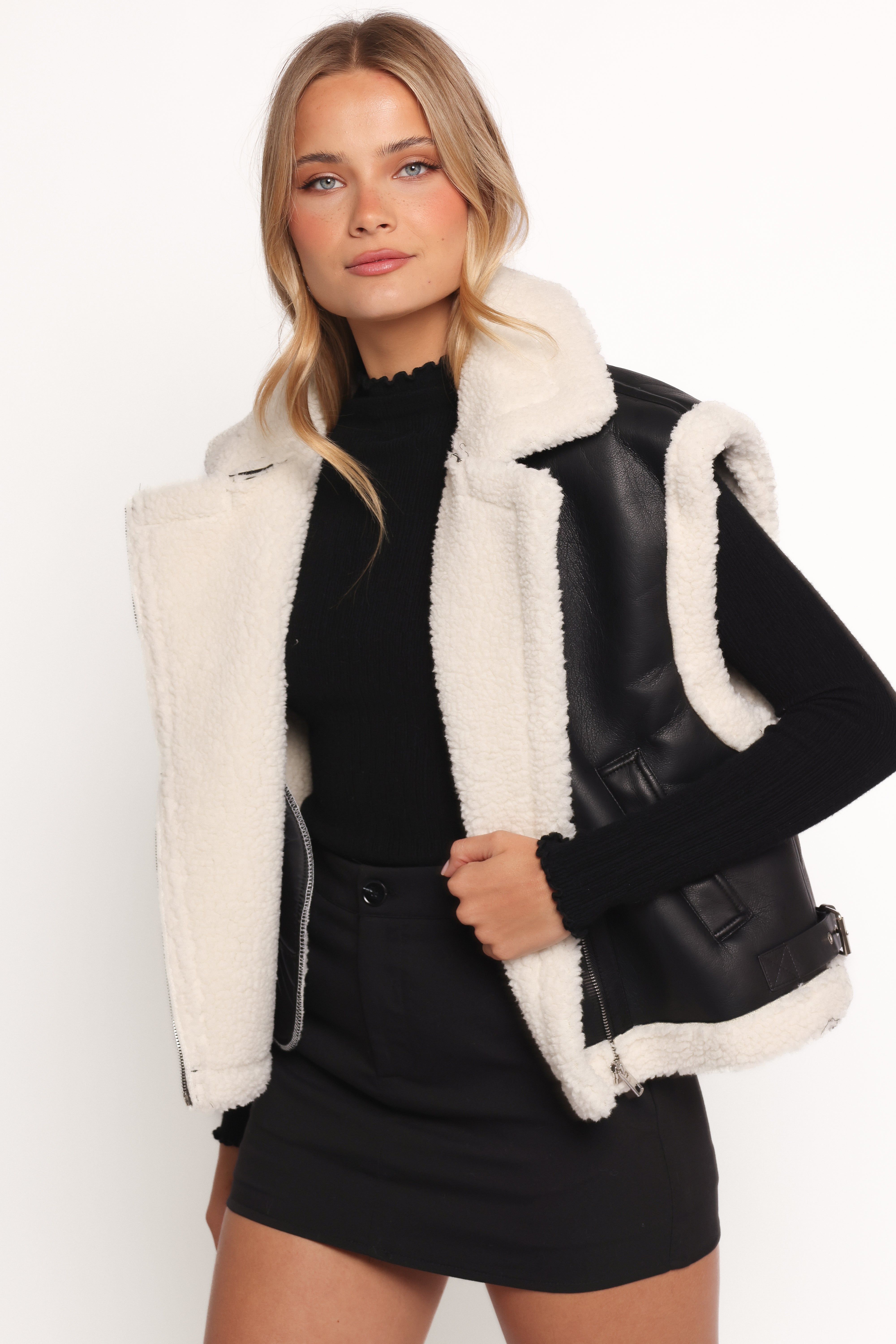 Women's Faux Leather Shearling Vest - Black Kayden Zip-Up