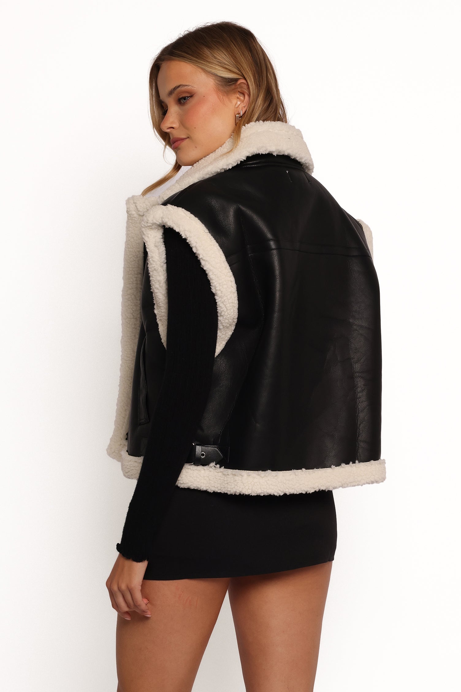 Women's Faux Leather Shearling Vest - Black Kayden Zip-Up