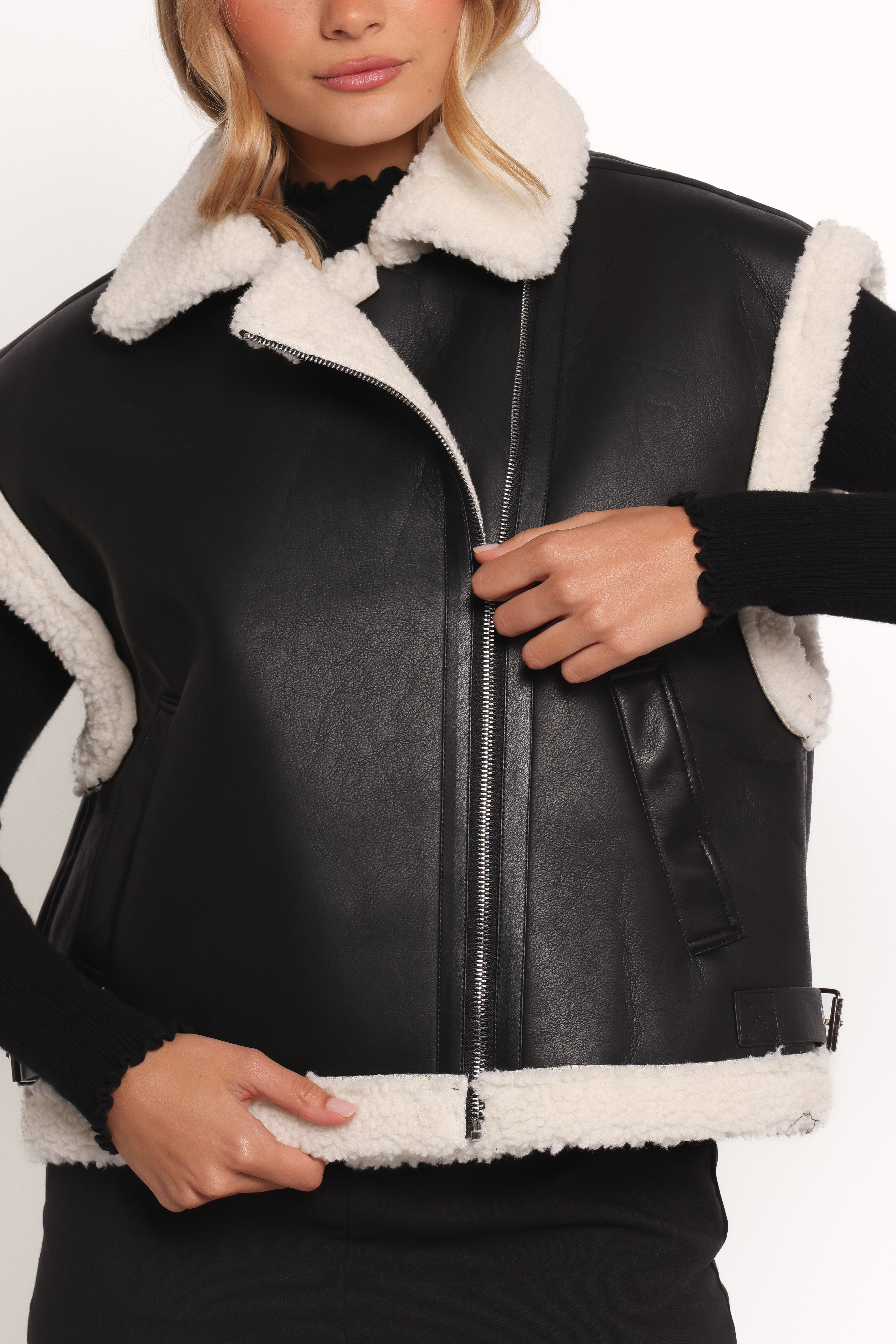 Women's Faux Leather Shearling Vest - Black Kayden Zip-Up