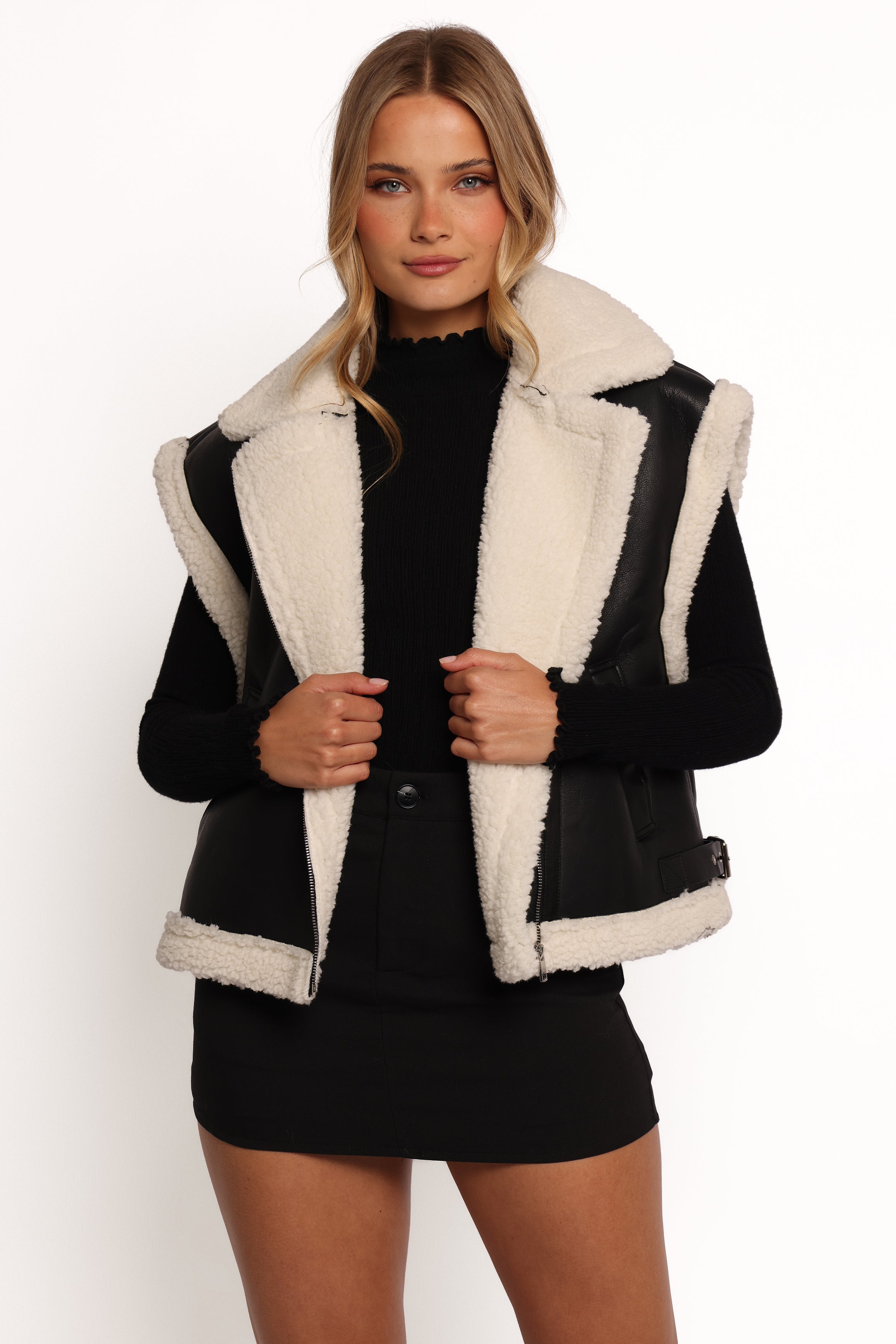 Women's Faux Leather Shearling Vest - Black Kayden Zip-Up