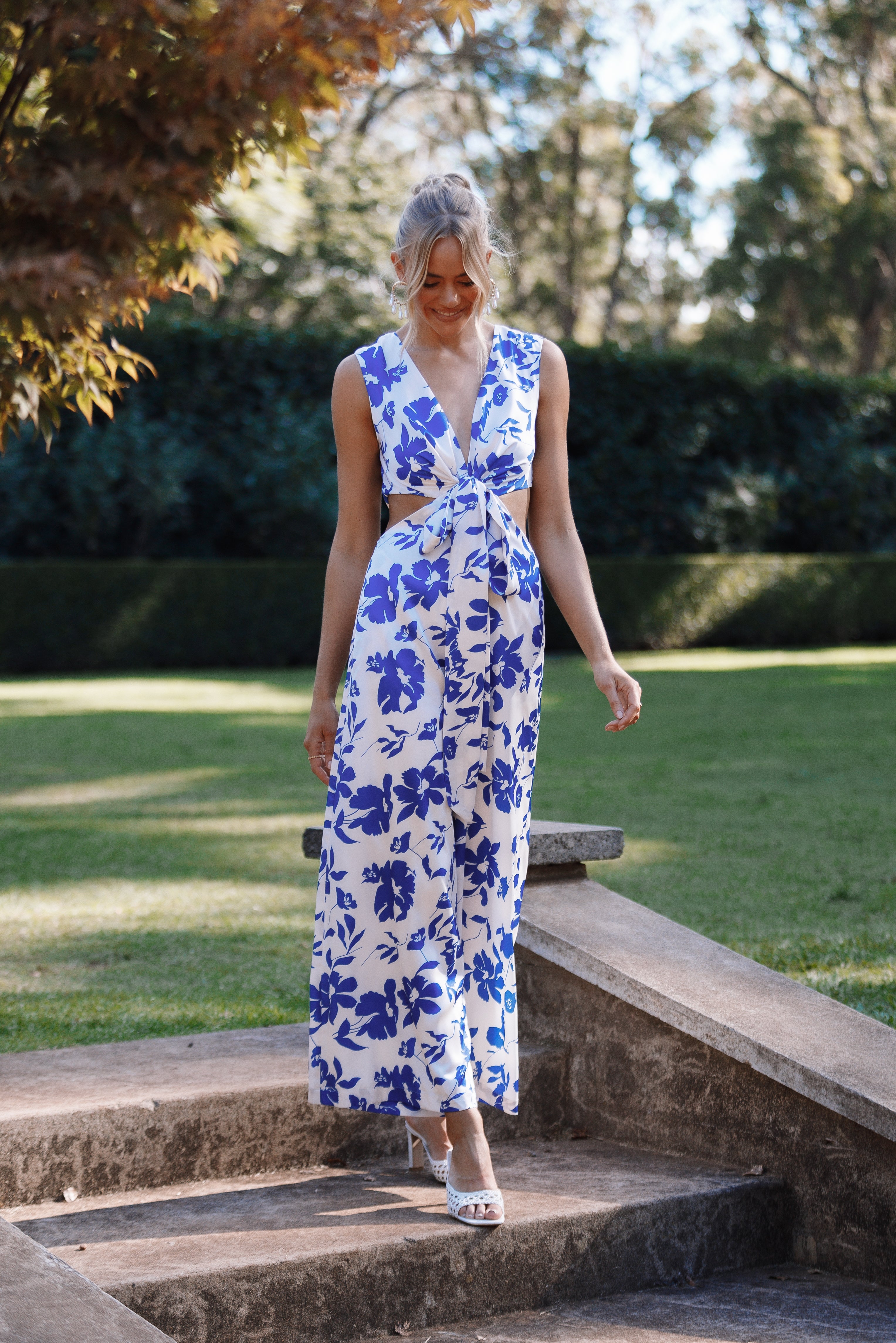 Women's Blue Floral Wrap Front Jumpsuit - Lulu Wide Leg Style