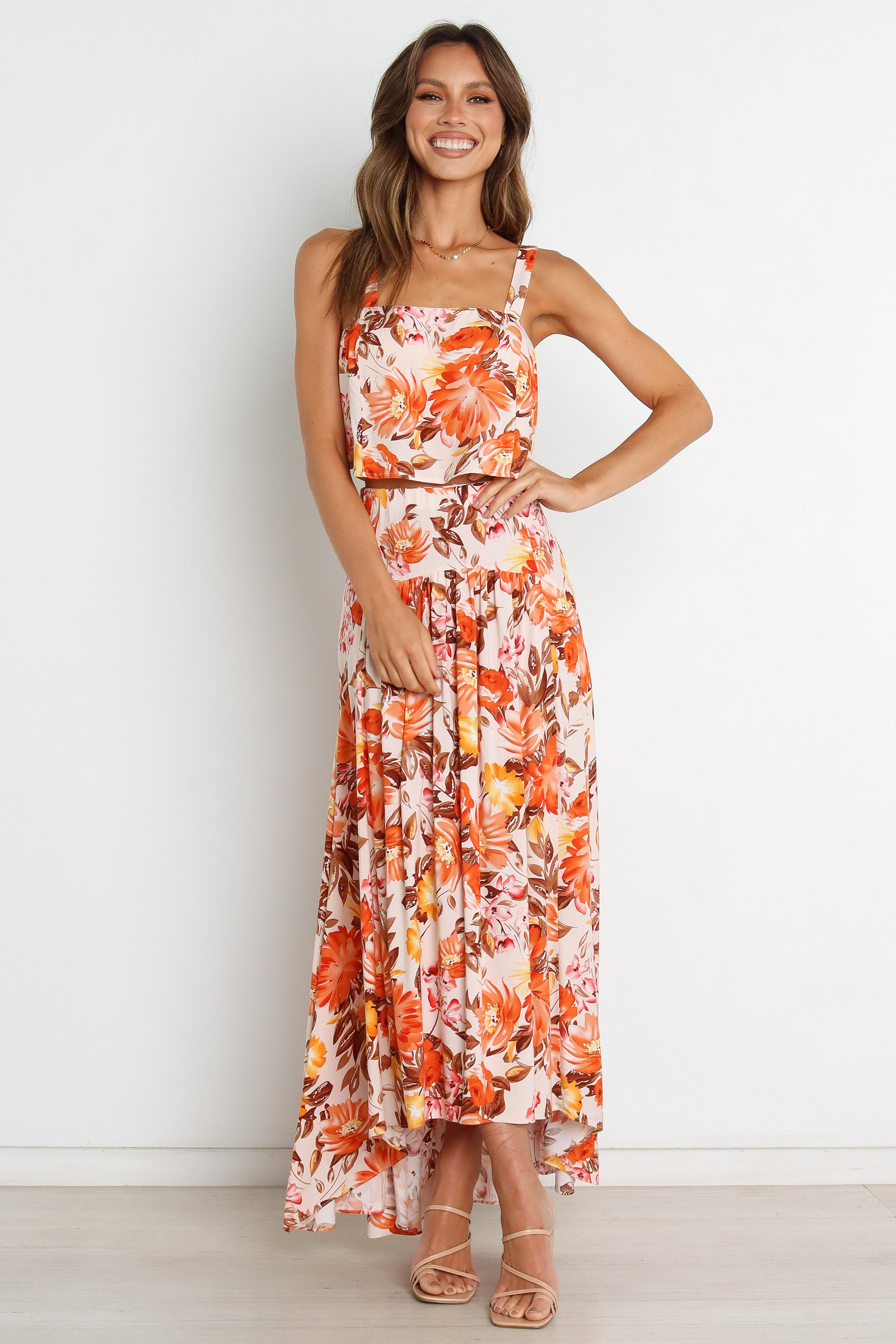 Floral Pink Top & Skirt Set - Cropped & High Waisted - 100% Rayon