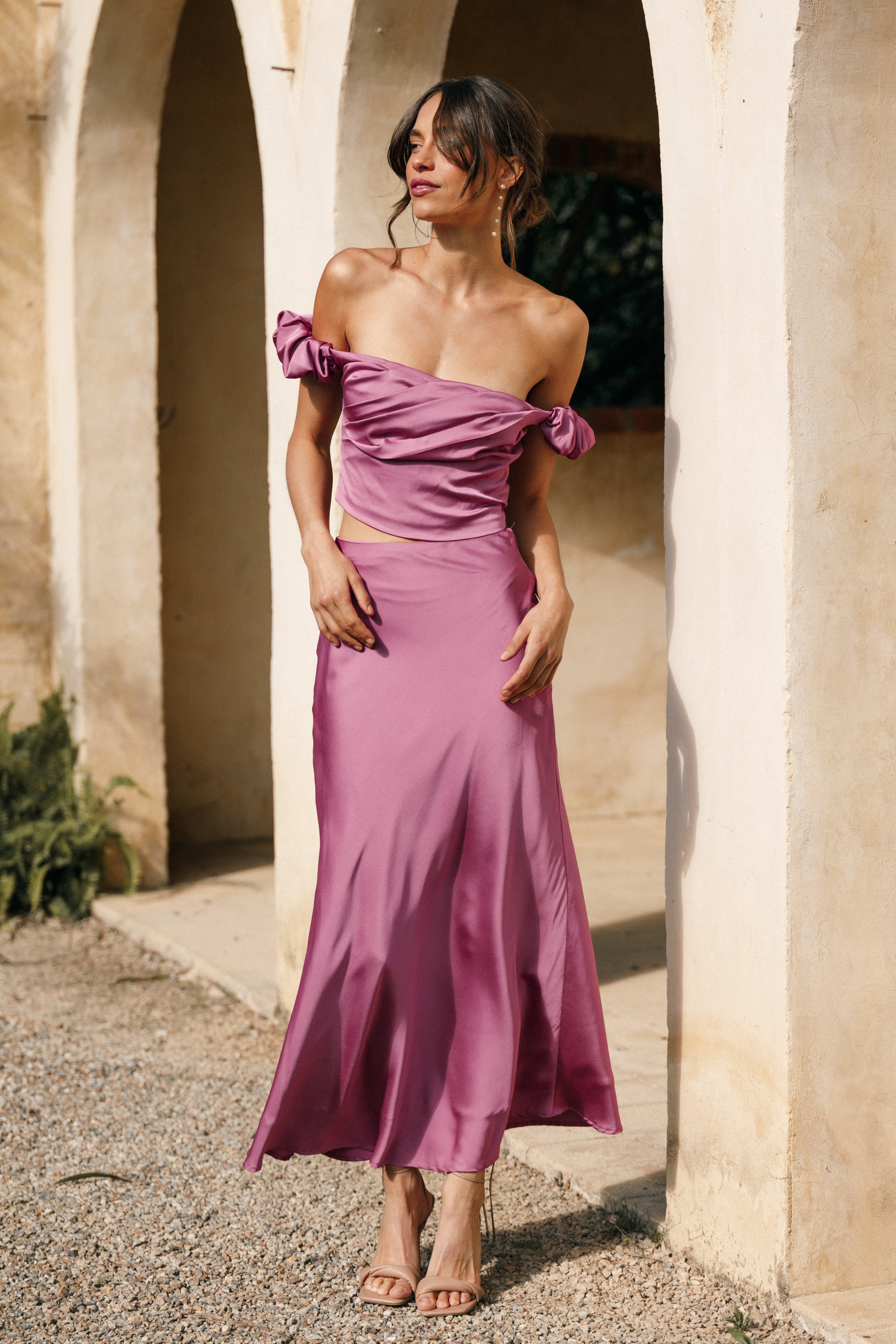 Arabella Floral Print Satin Two Piece Set - Dark Rose Maxi Skirt & Crop Top