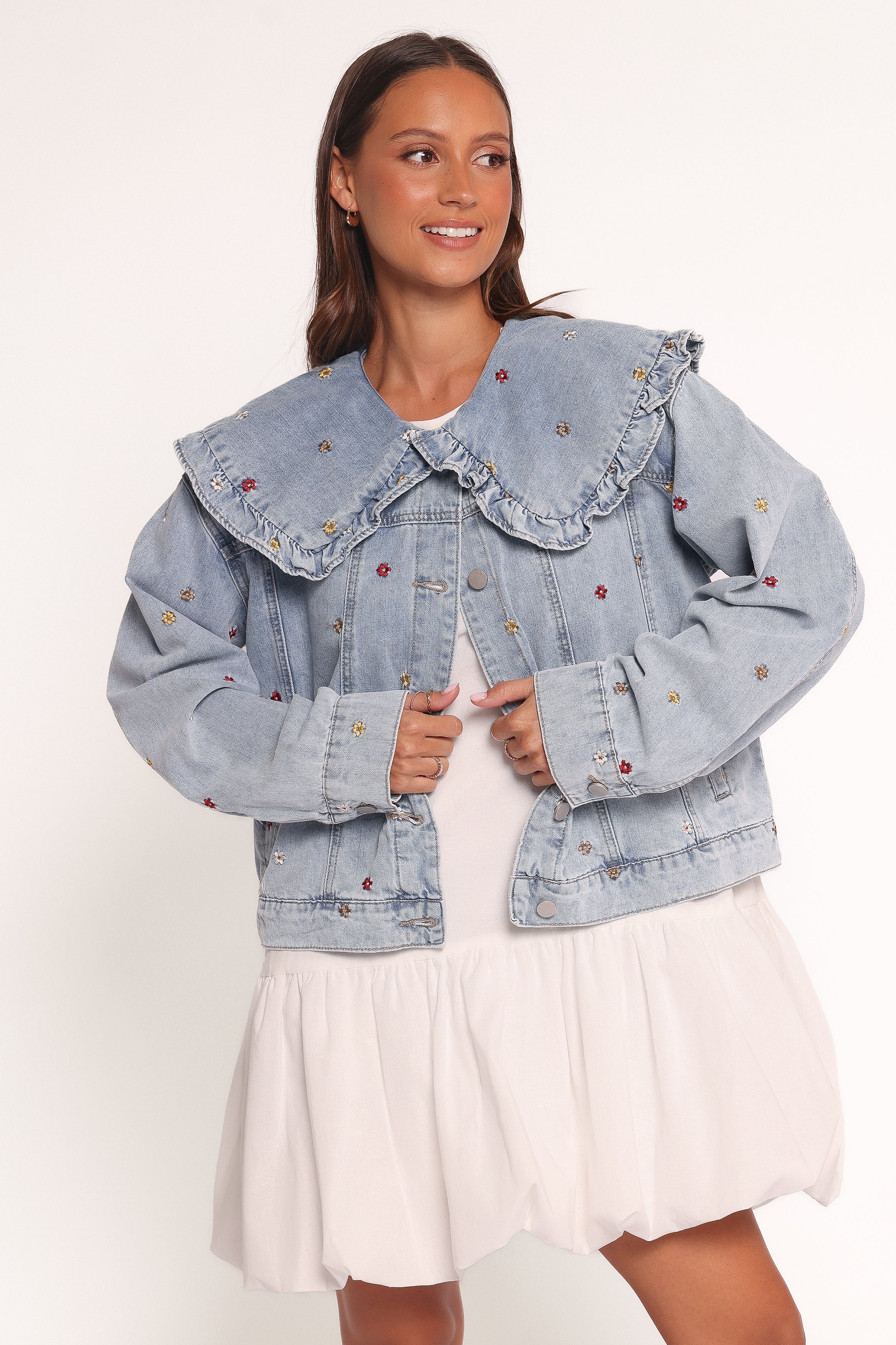 Floral Embroidered Denim Jacket for Women - Medium Blue