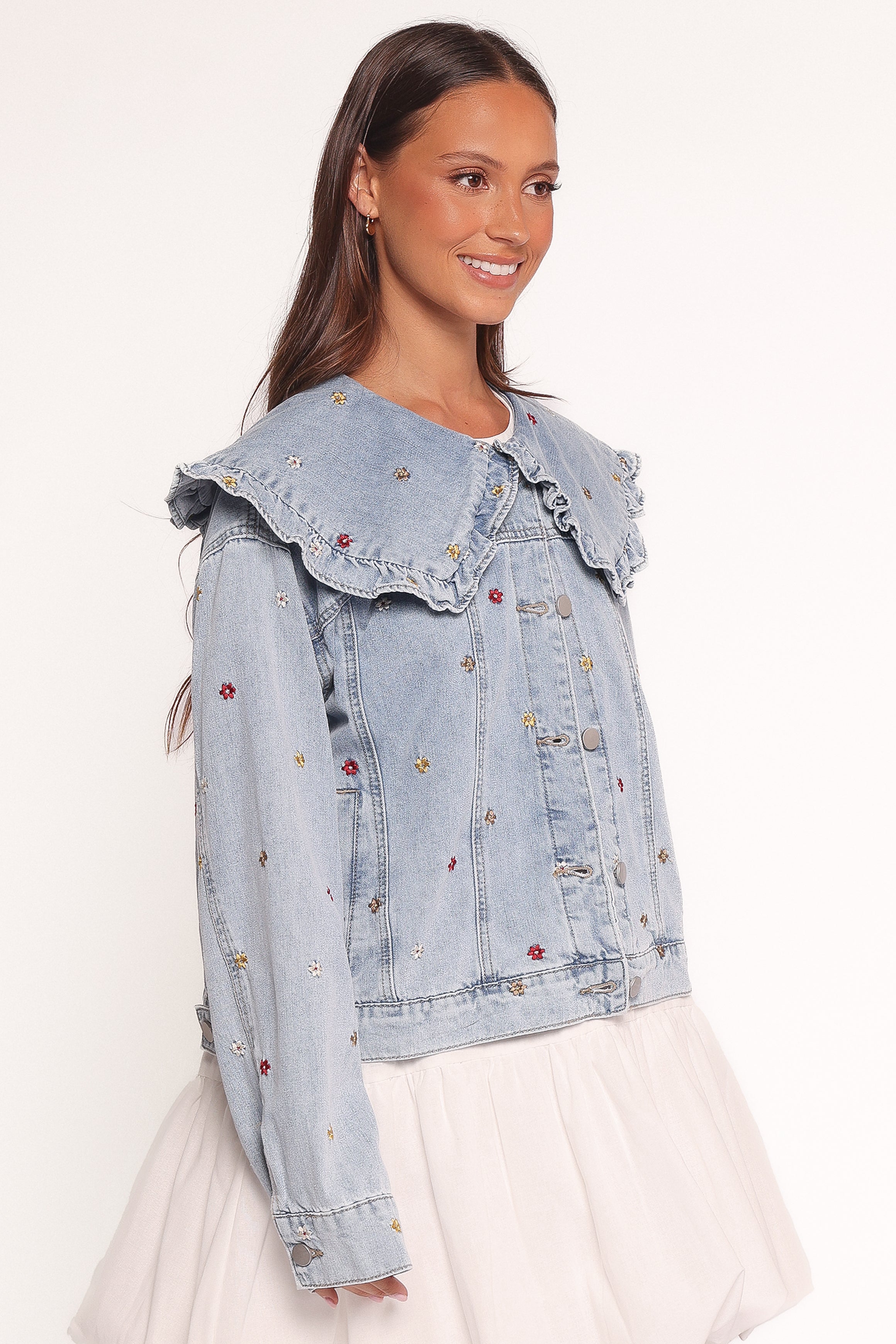 Floral Embroidered Denim Jacket for Women - Medium Blue