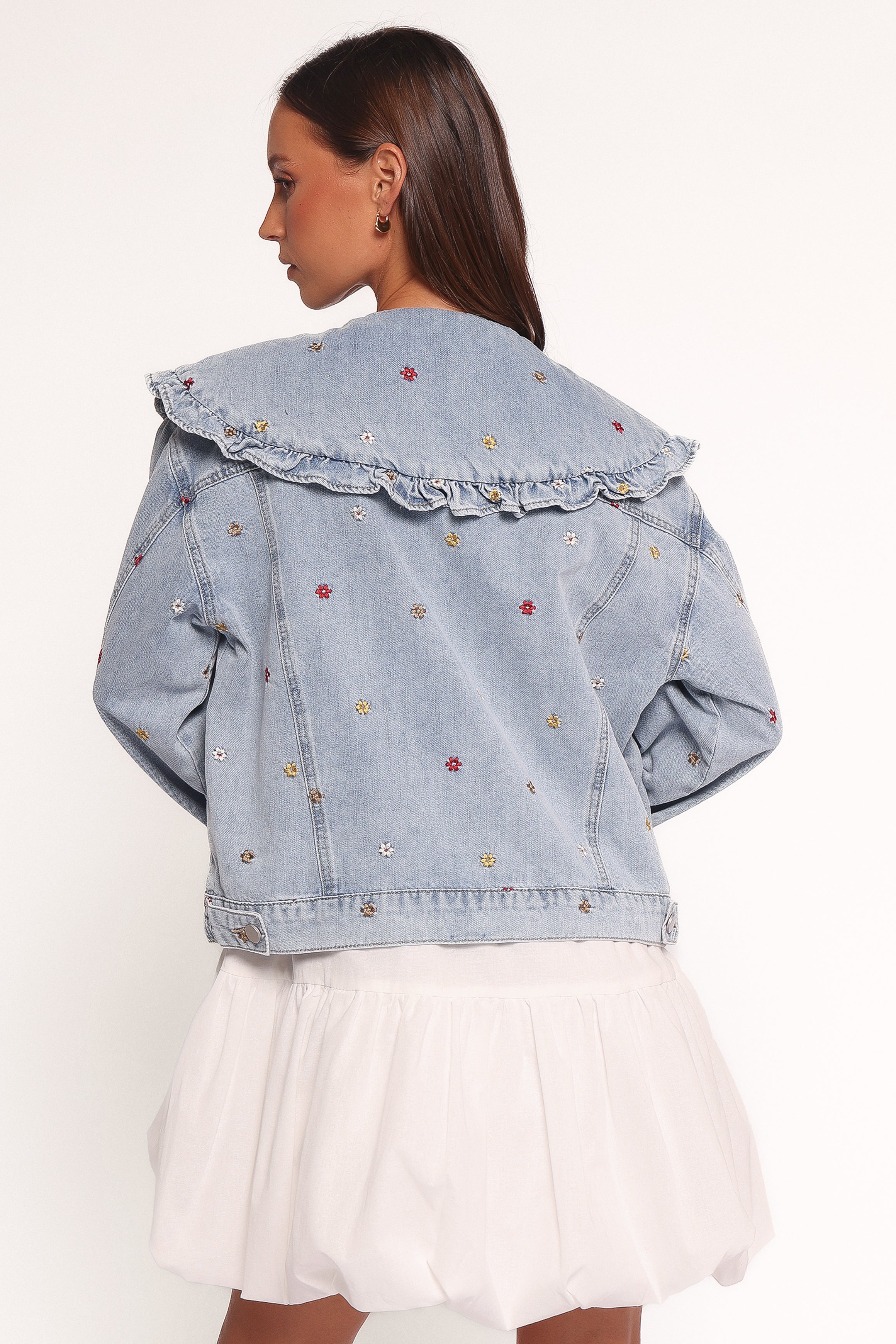 Floral Embroidered Denim Jacket for Women - Medium Blue