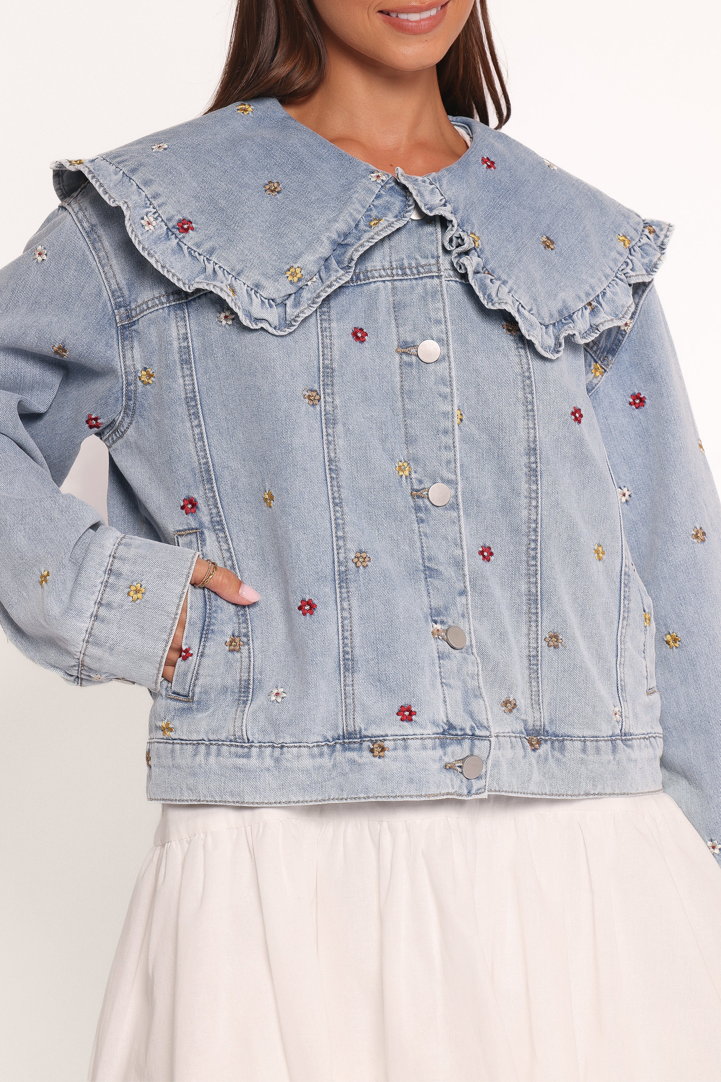 Floral Embroidered Denim Jacket for Women - Medium Blue
