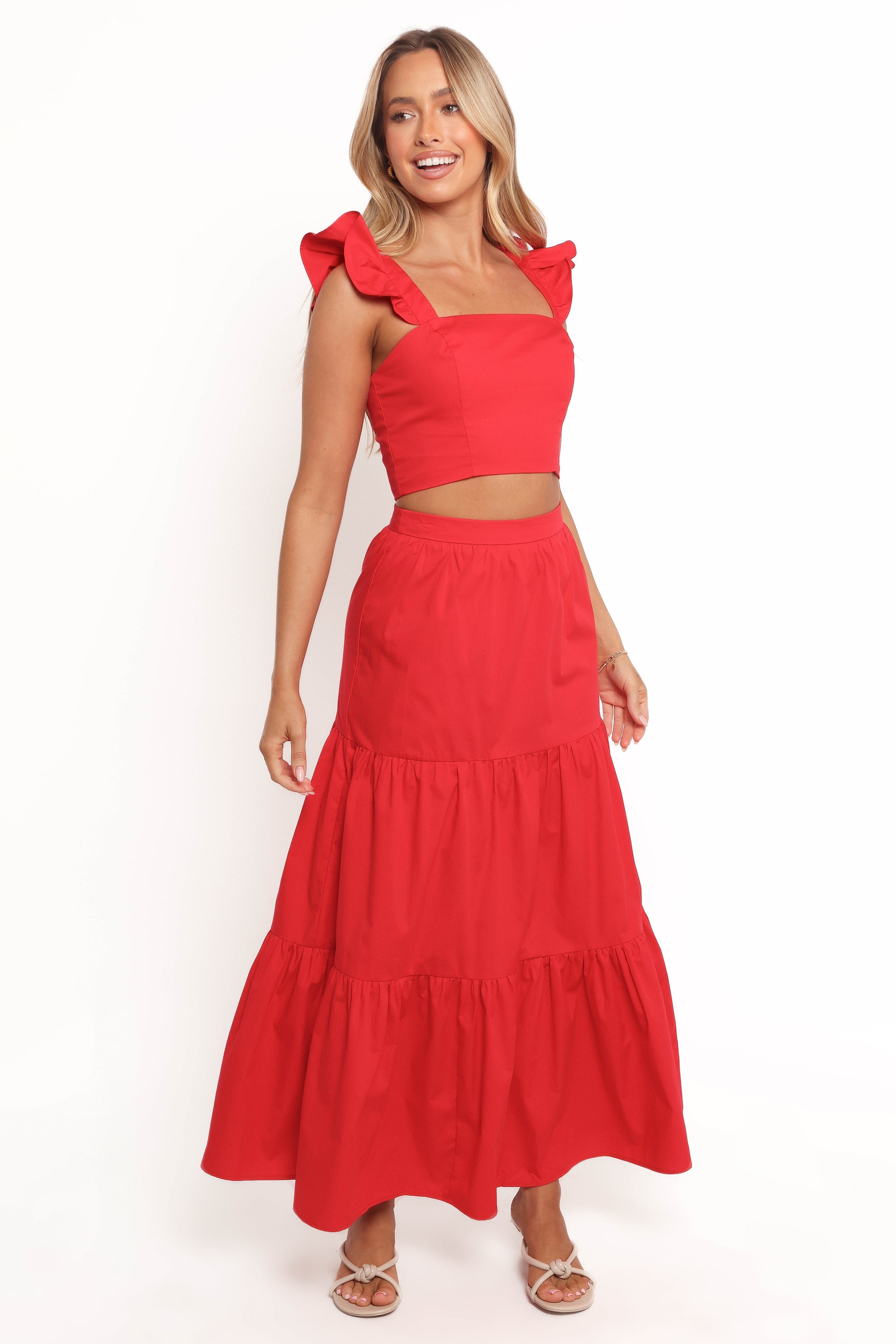 Roxia Red Cotton Skirt Set with Ruffled Top & Maxi Skirt