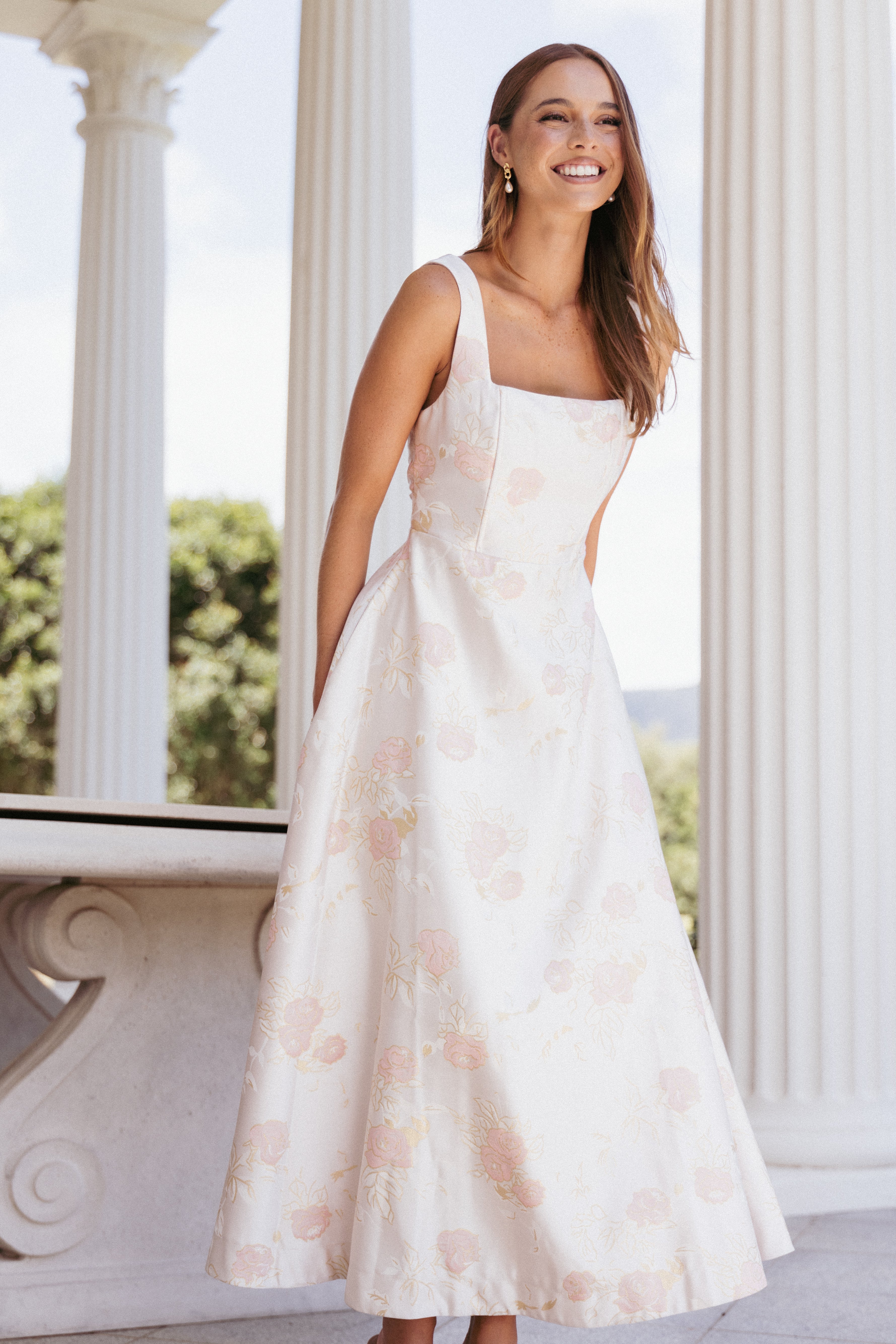 Zaria Floral Midi Dress - Pink Square Neck Sleeveless
