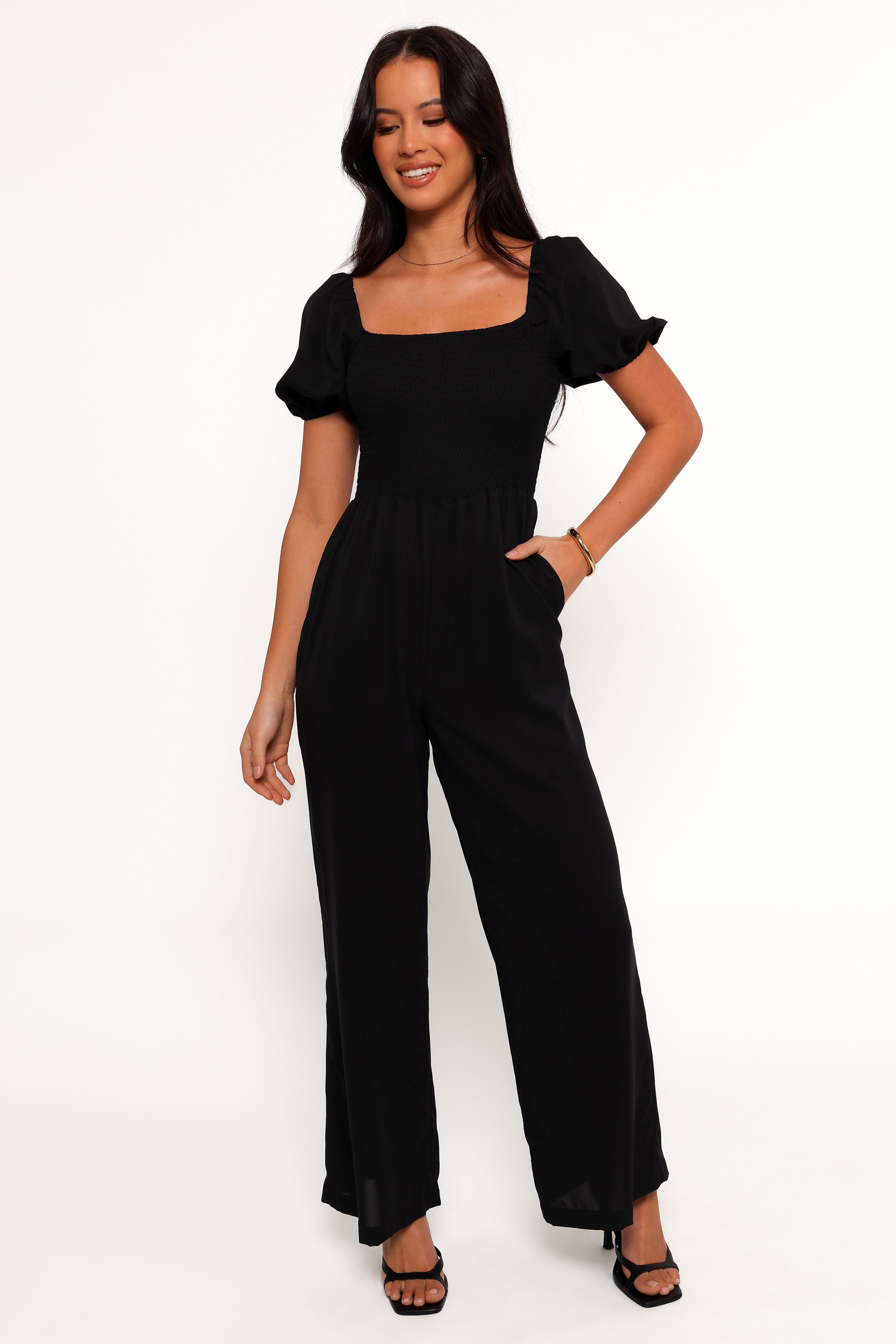 Black Jolene Jumpsuit with Side Pockets & Shirred Bodice