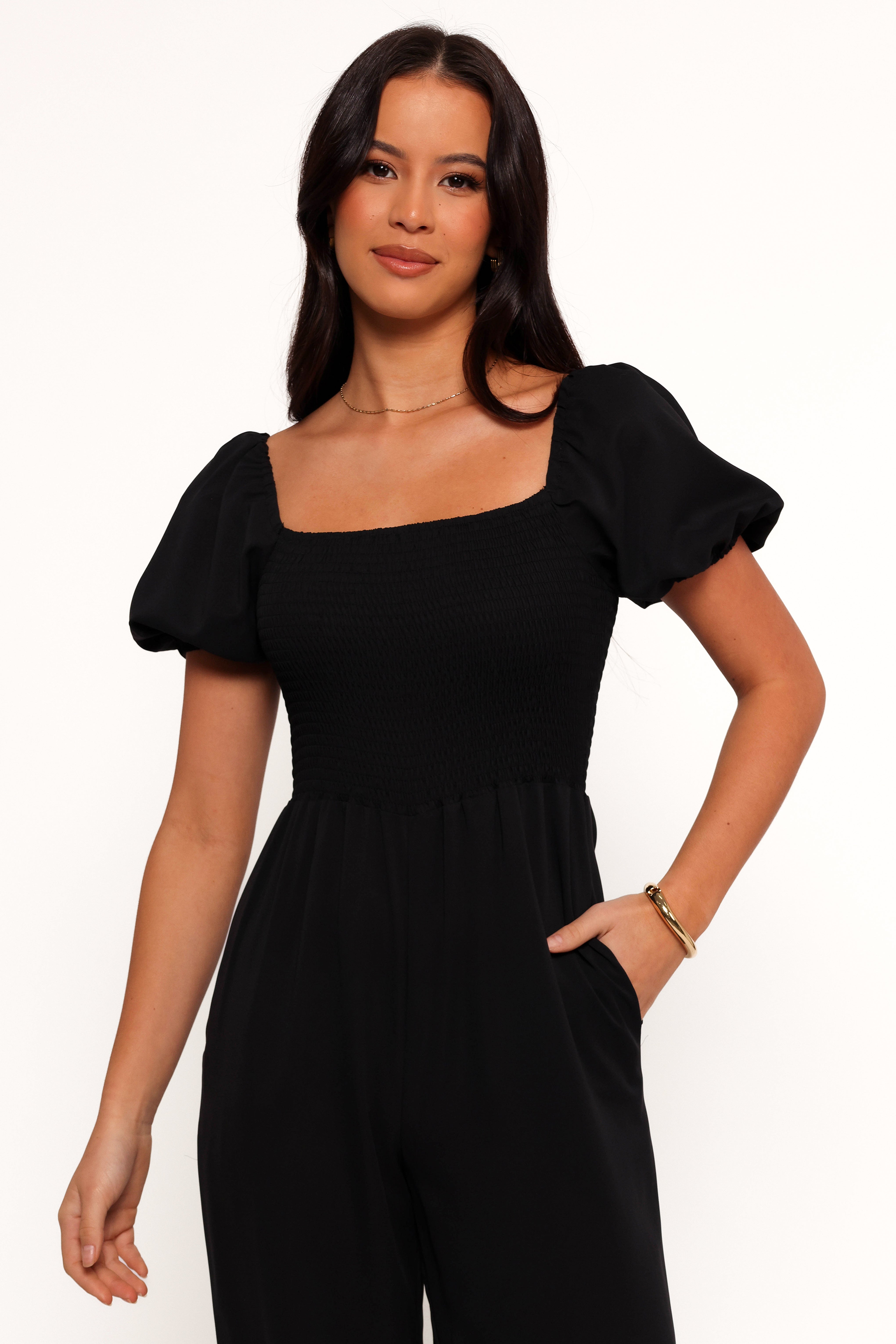 Black Jolene Jumpsuit with Side Pockets & Shirred Bodice