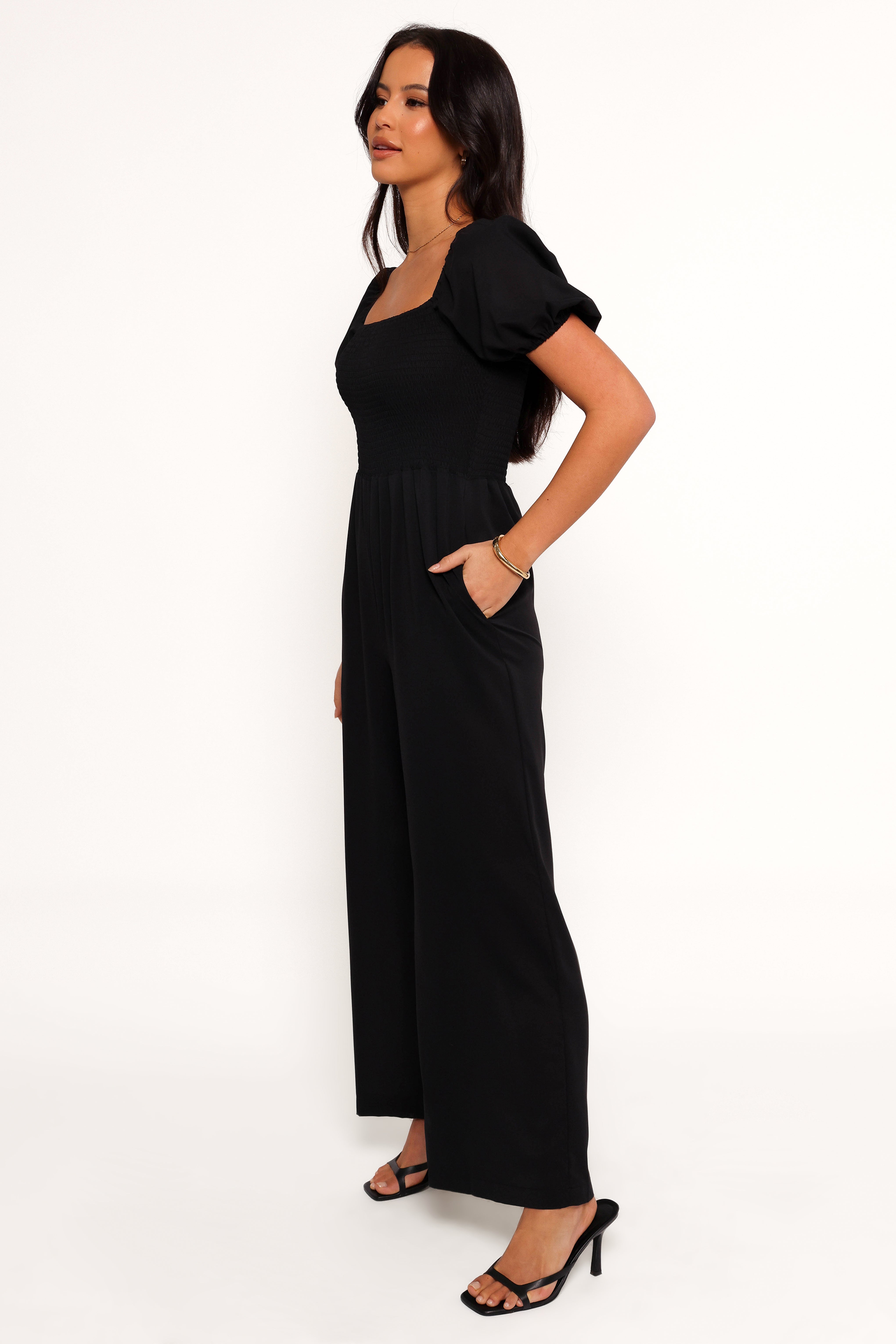 Black Jolene Jumpsuit with Side Pockets & Shirred Bodice