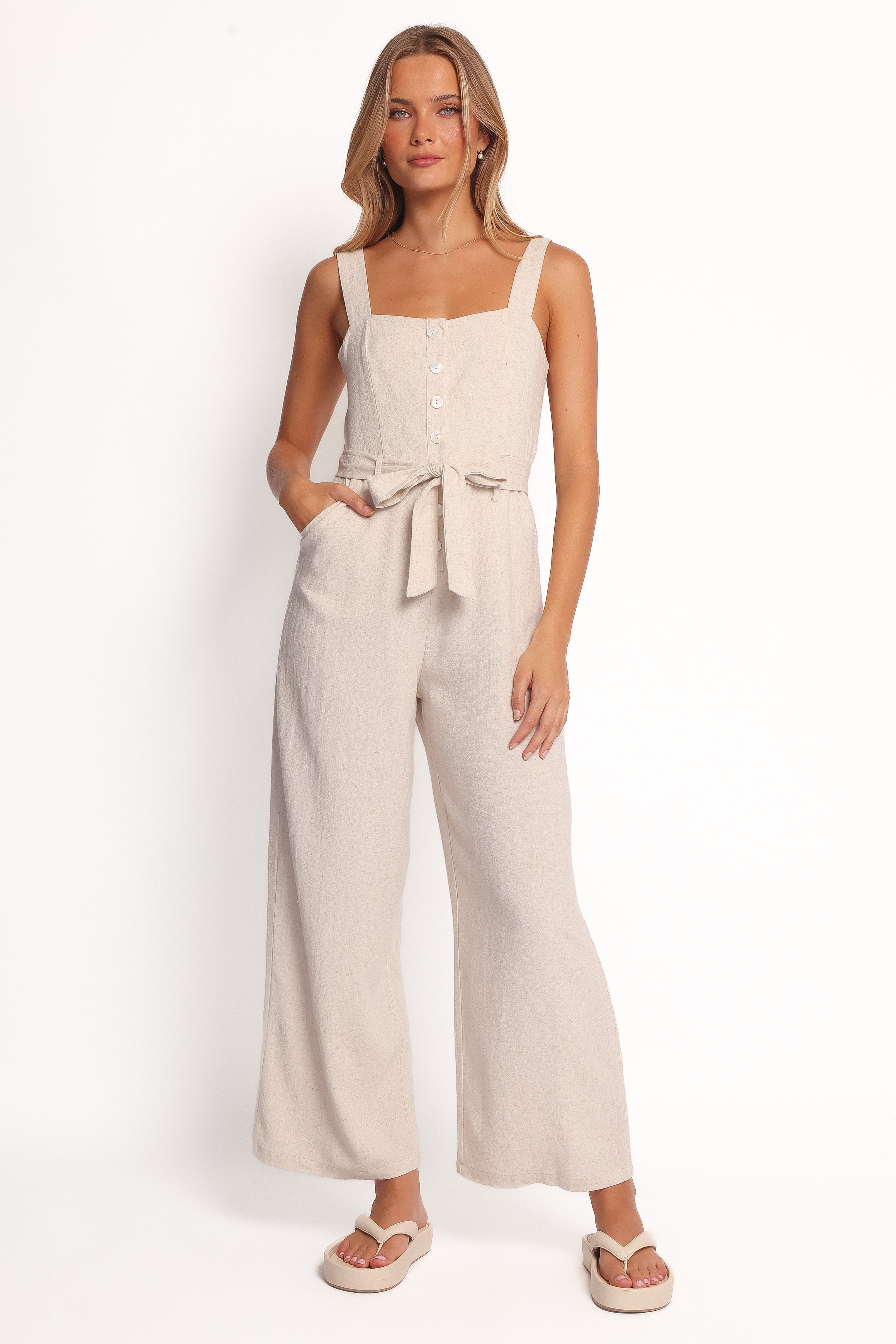 Rachel Linen-Blend Jumpsuit with Square Neck & Waist Tie - Beige