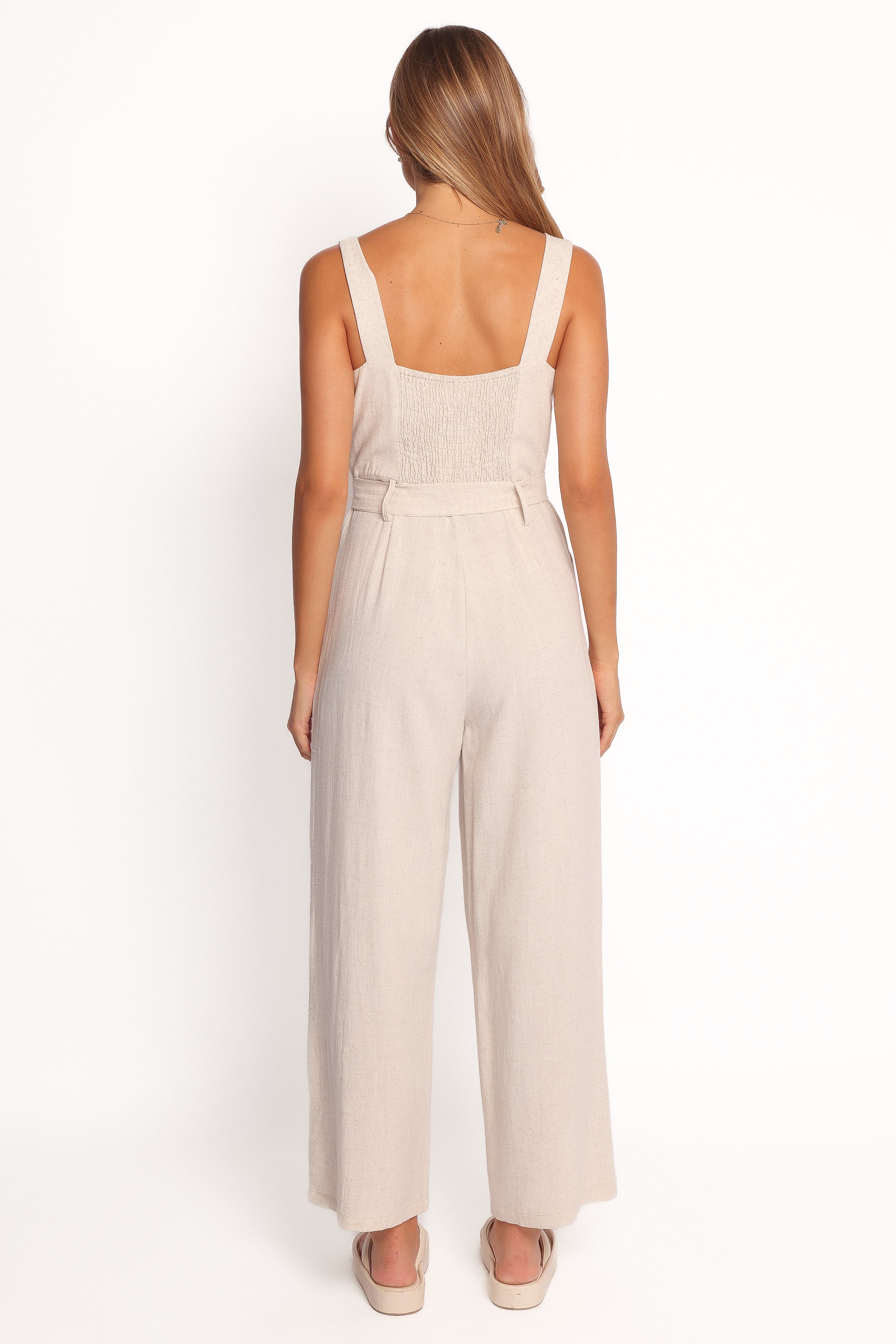 Rachel Linen-Blend Jumpsuit with Square Neck & Waist Tie - Beige